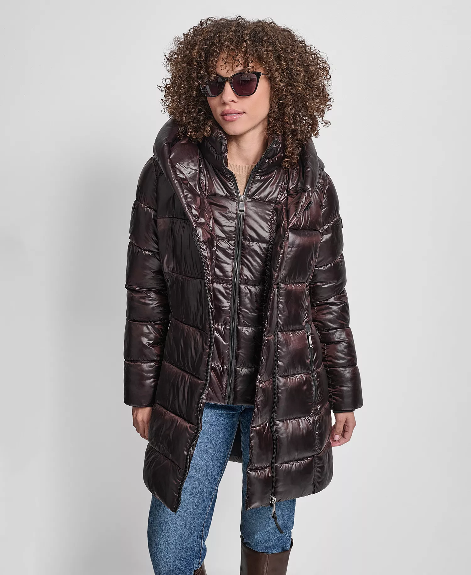 Women's Bibbed Shawl-Collar Packable Shine Puffer Coat - Bitter - L