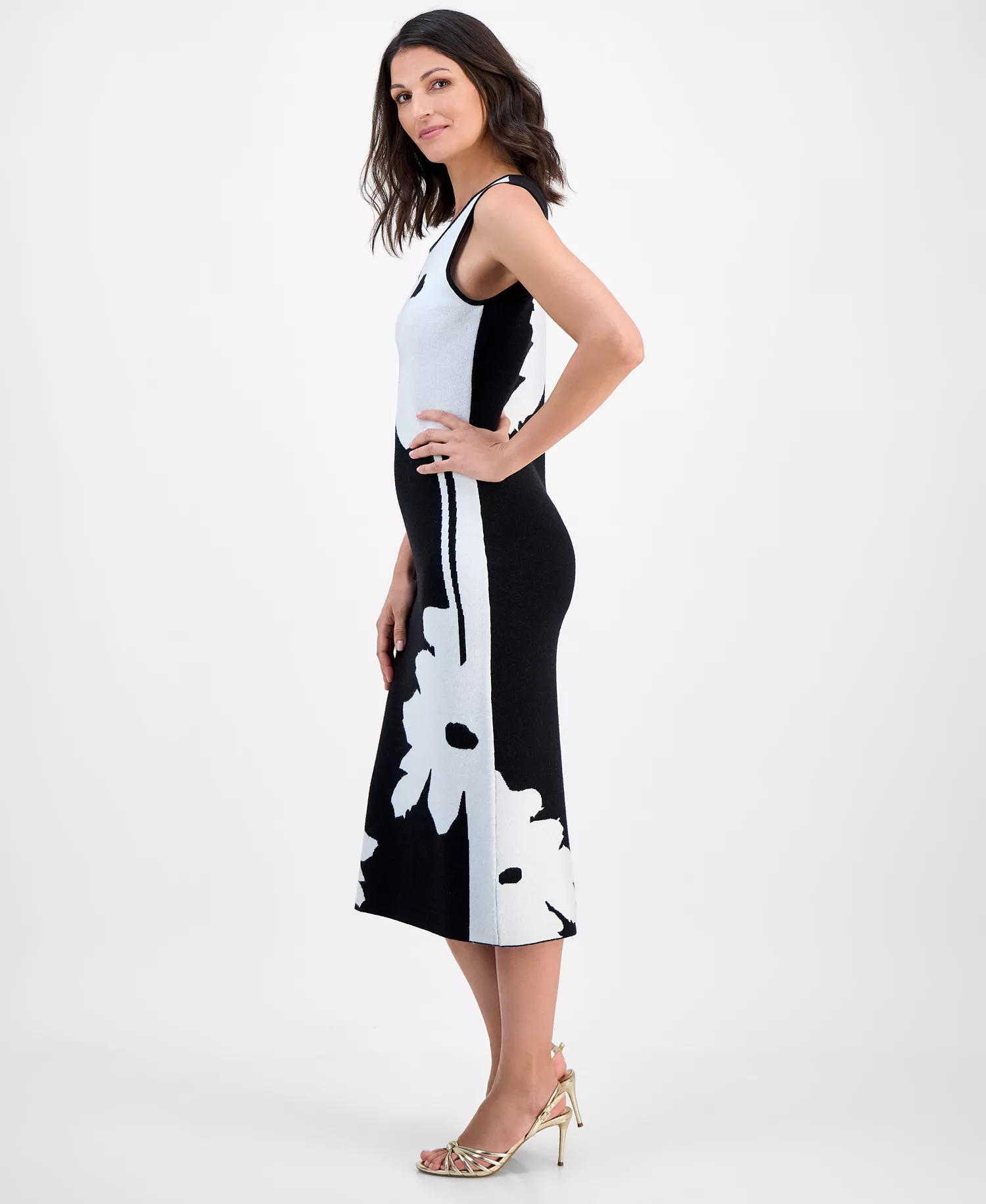 Women's Sleeveless Sweater Dress - Black And White - L