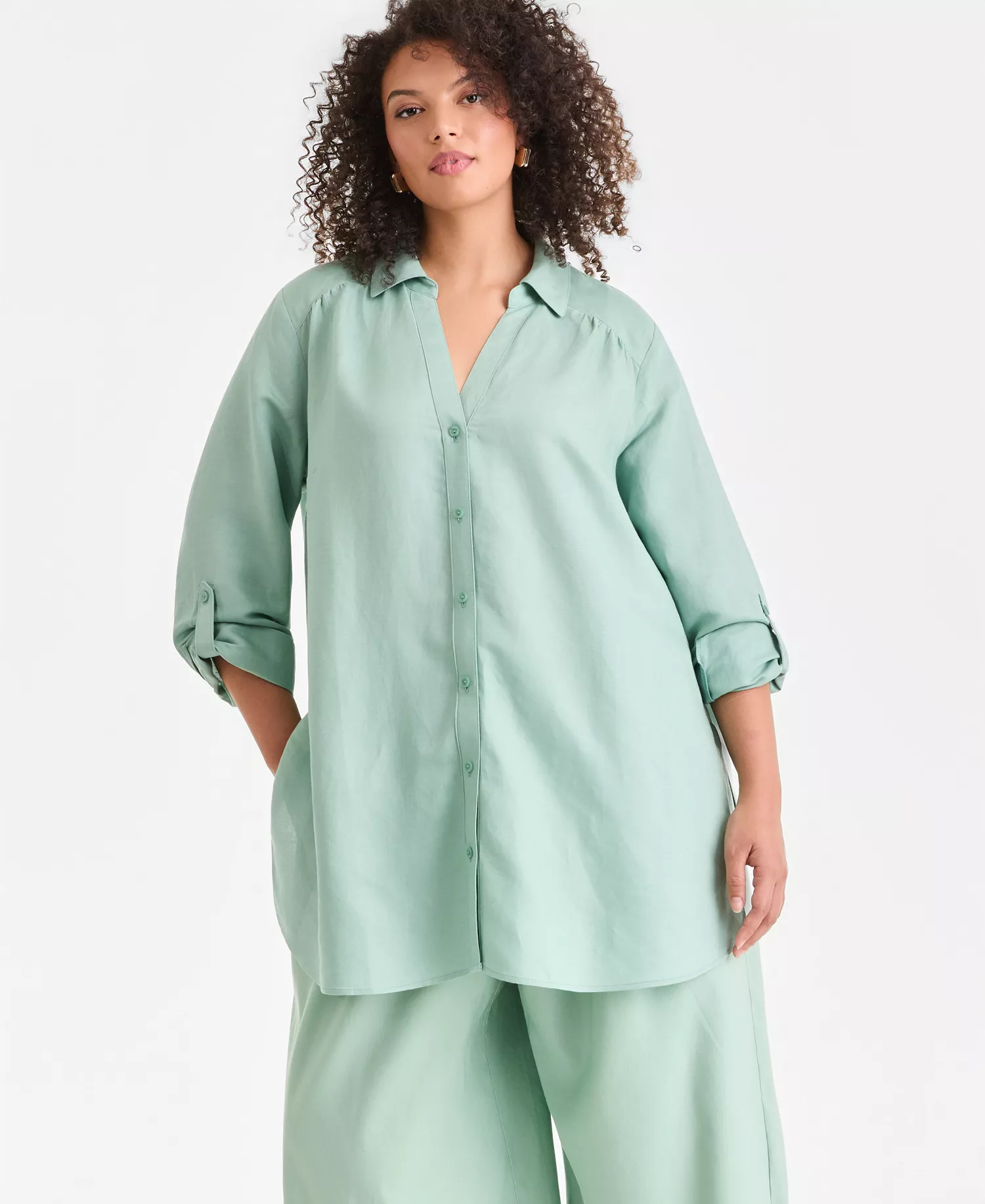 Plus Size Linen-Blend Tunic, Exclusively at Macy's - Faded Moss Green - 0X