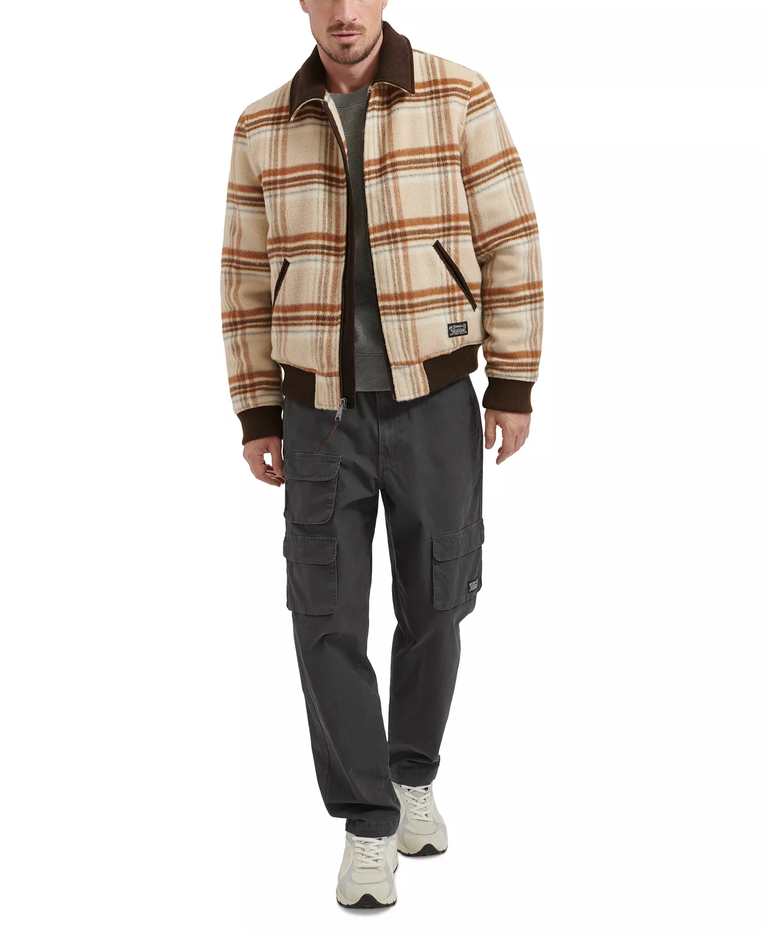 Men's Zip Corduroy-Collar Jacket - Cream Plaid - M