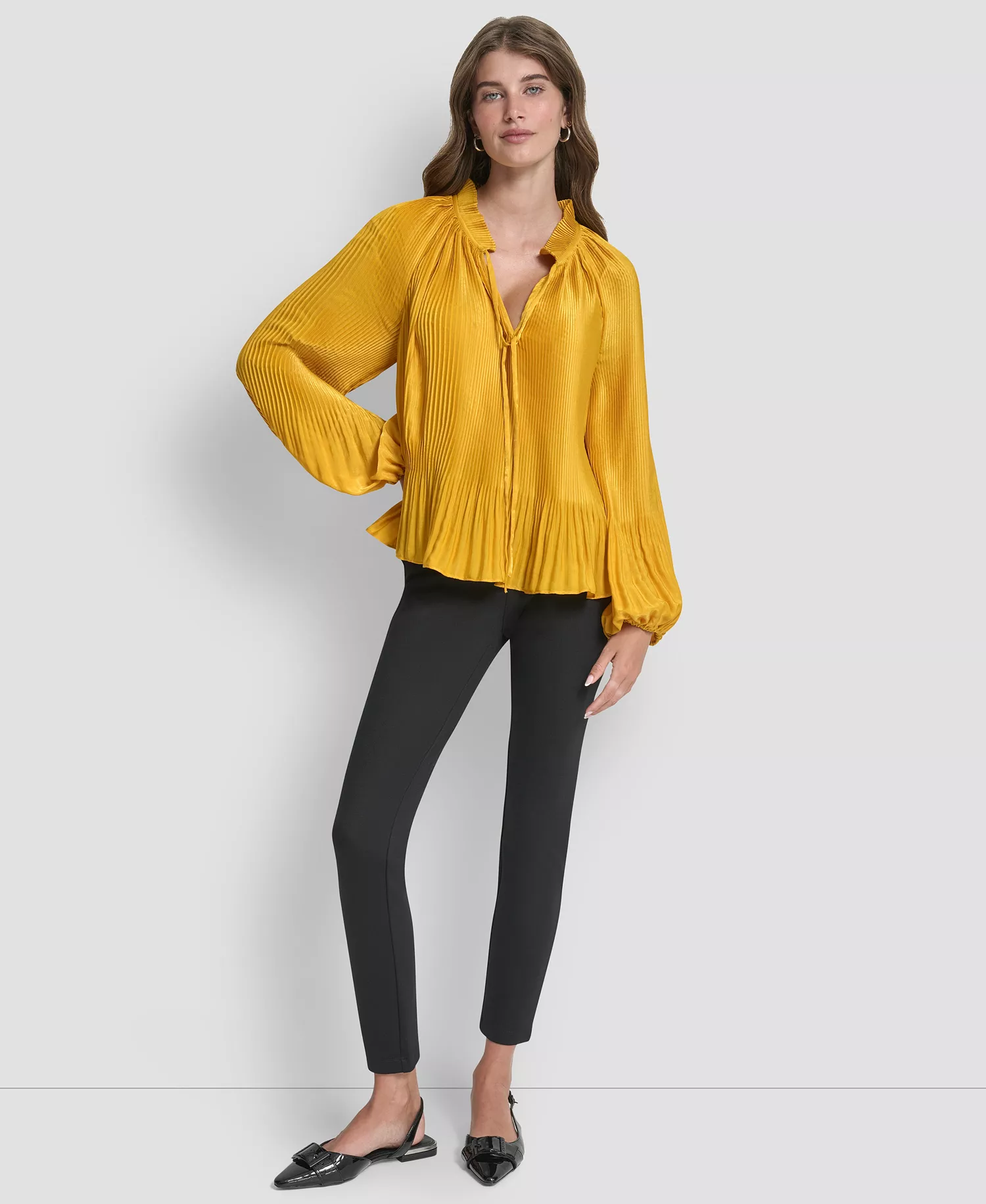 Women's Long Sleeve Pleat Top - Sunset Yellow - XL
