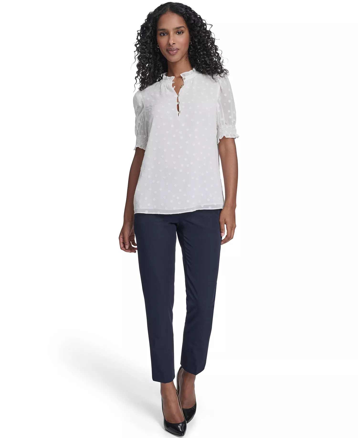 Women's Clip Dot Ruffle Popover Top - Ivory - L