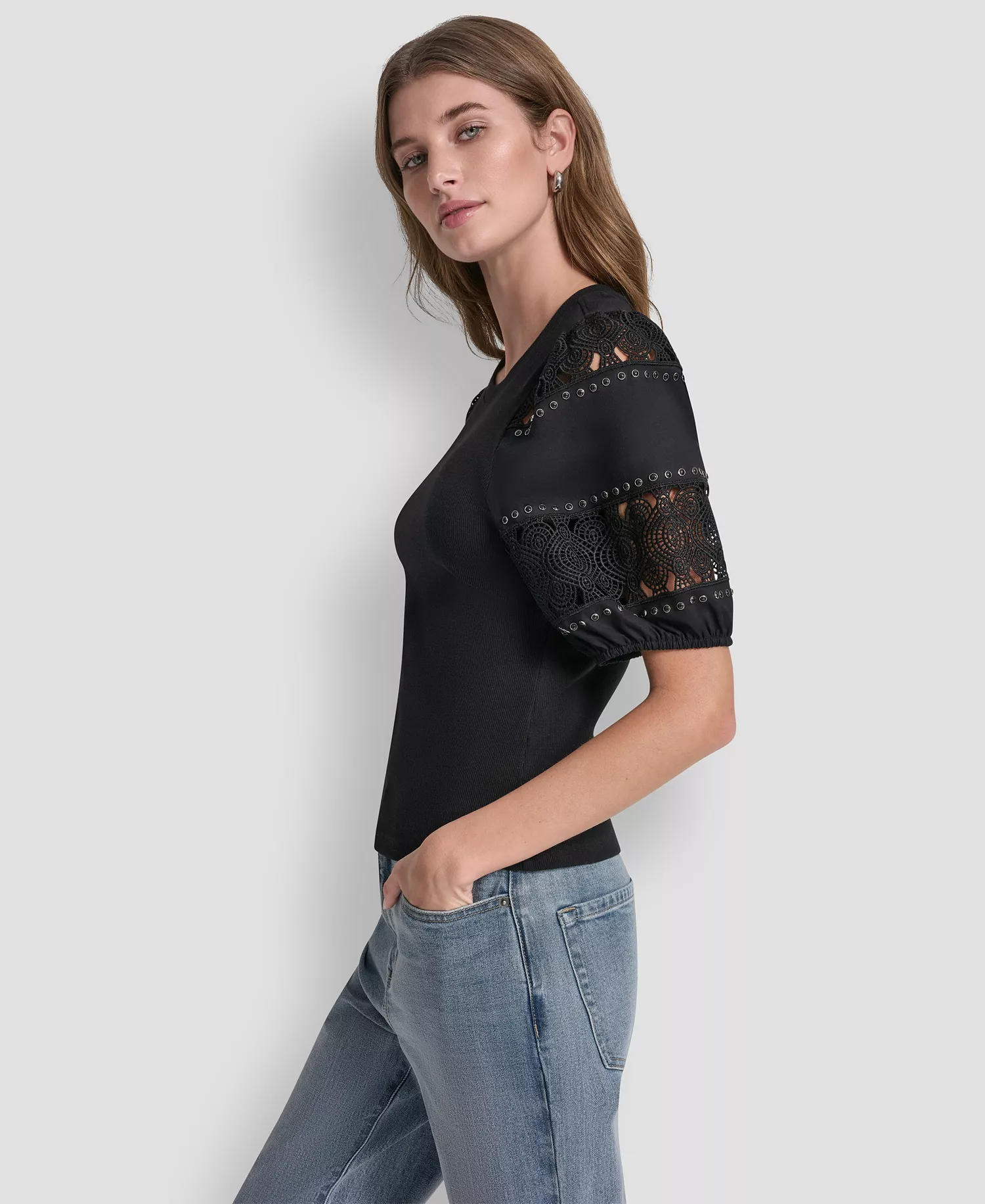 Women's Crew Neck Lace Eyelet Pull-On Top - Black - L
