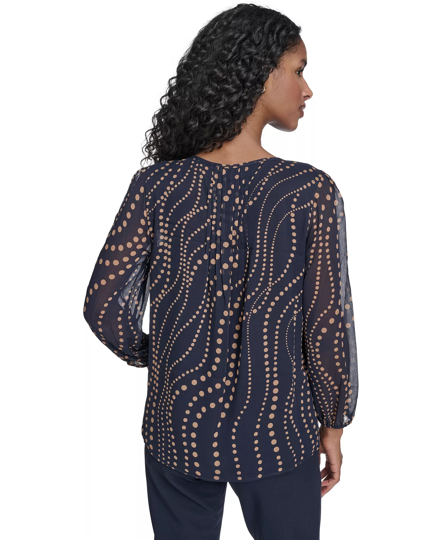 Women's Cascade Dot Pintuck Long Sleeve Blouse - Midnight/ Brown Sugar - L