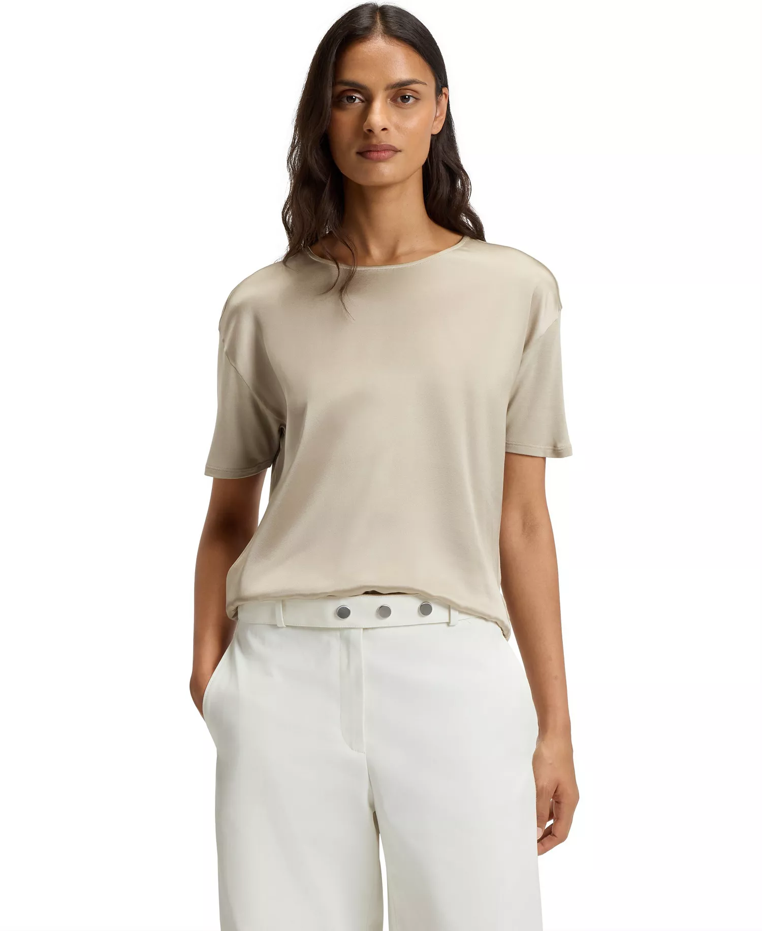 Women's Regular-Fit Stretch-Silk Front T-Shirt - Open Beige - S