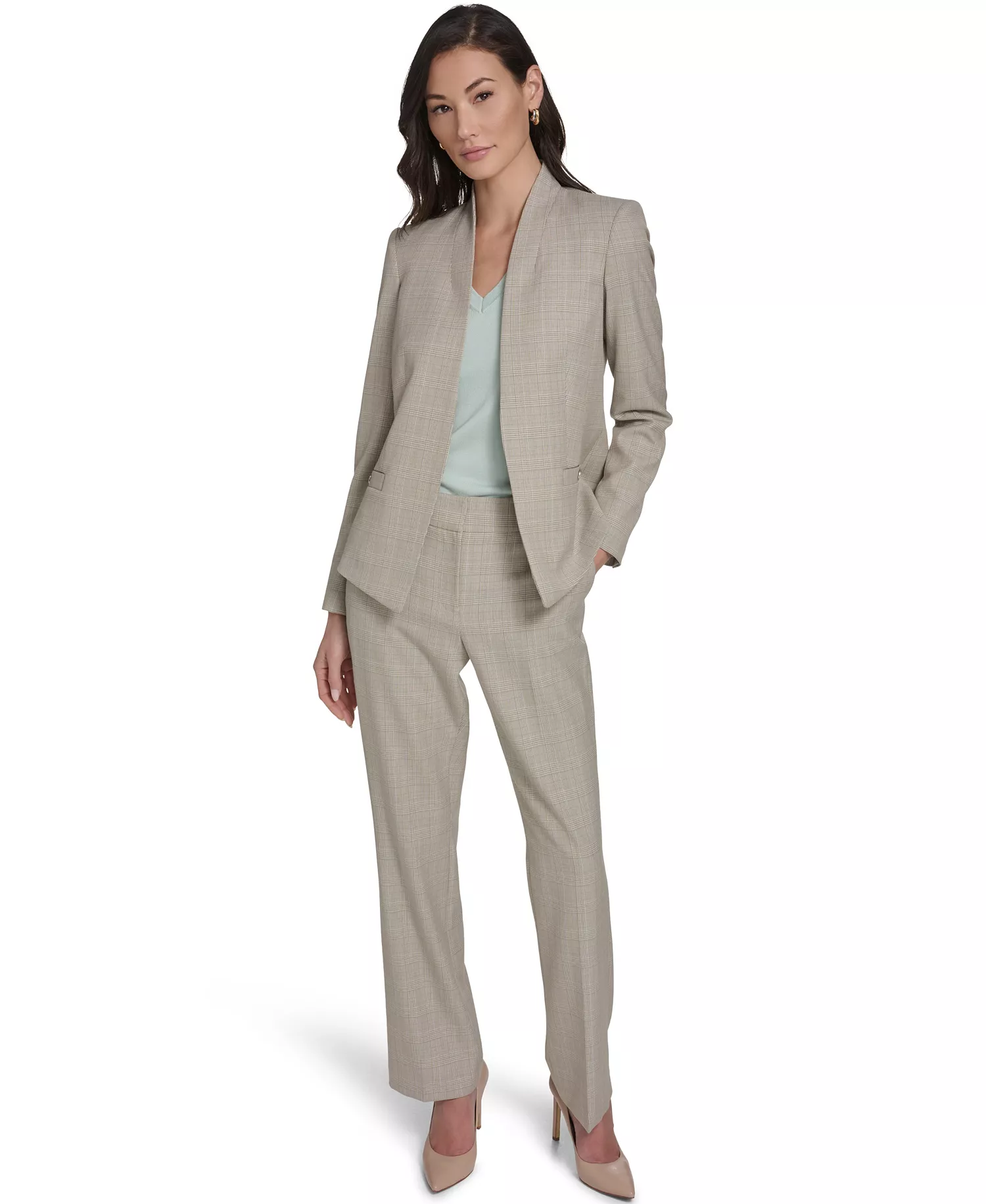 Women's Plaid Open Front Blazer,  Short-Sleeve Tipped Sweater and Plaid Bootcut Trousers - Harbor Gray Multi - 0