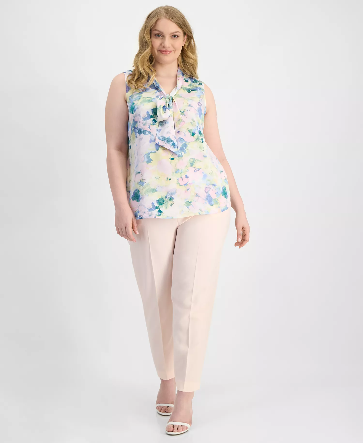Plus Size Printed Tie-Neck Sleeveless Blouse  - Blush Butt - 1X