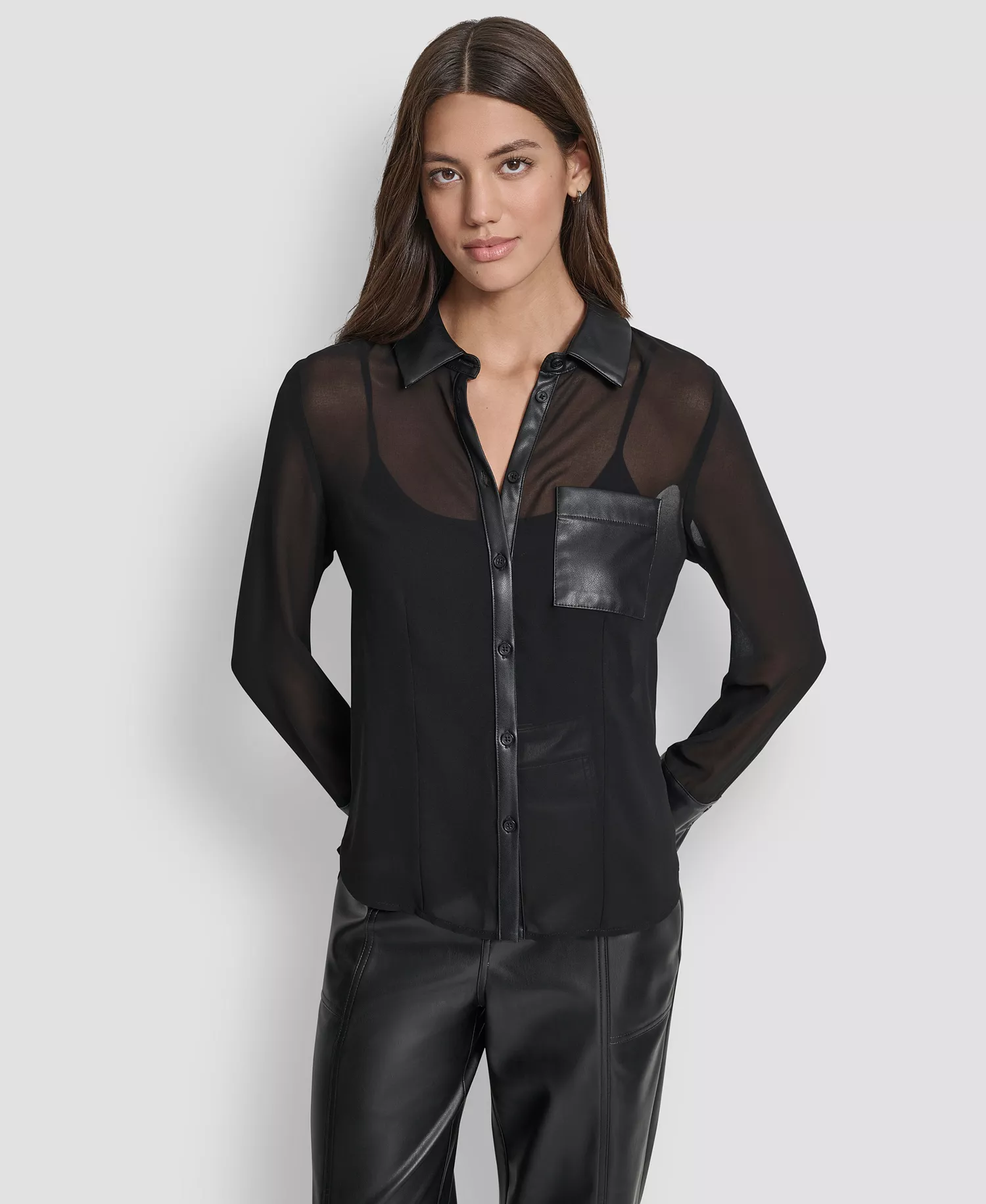 Women's Faux-Leather Trim Sheer-Mesh Shirt - BLK - BLACK - L