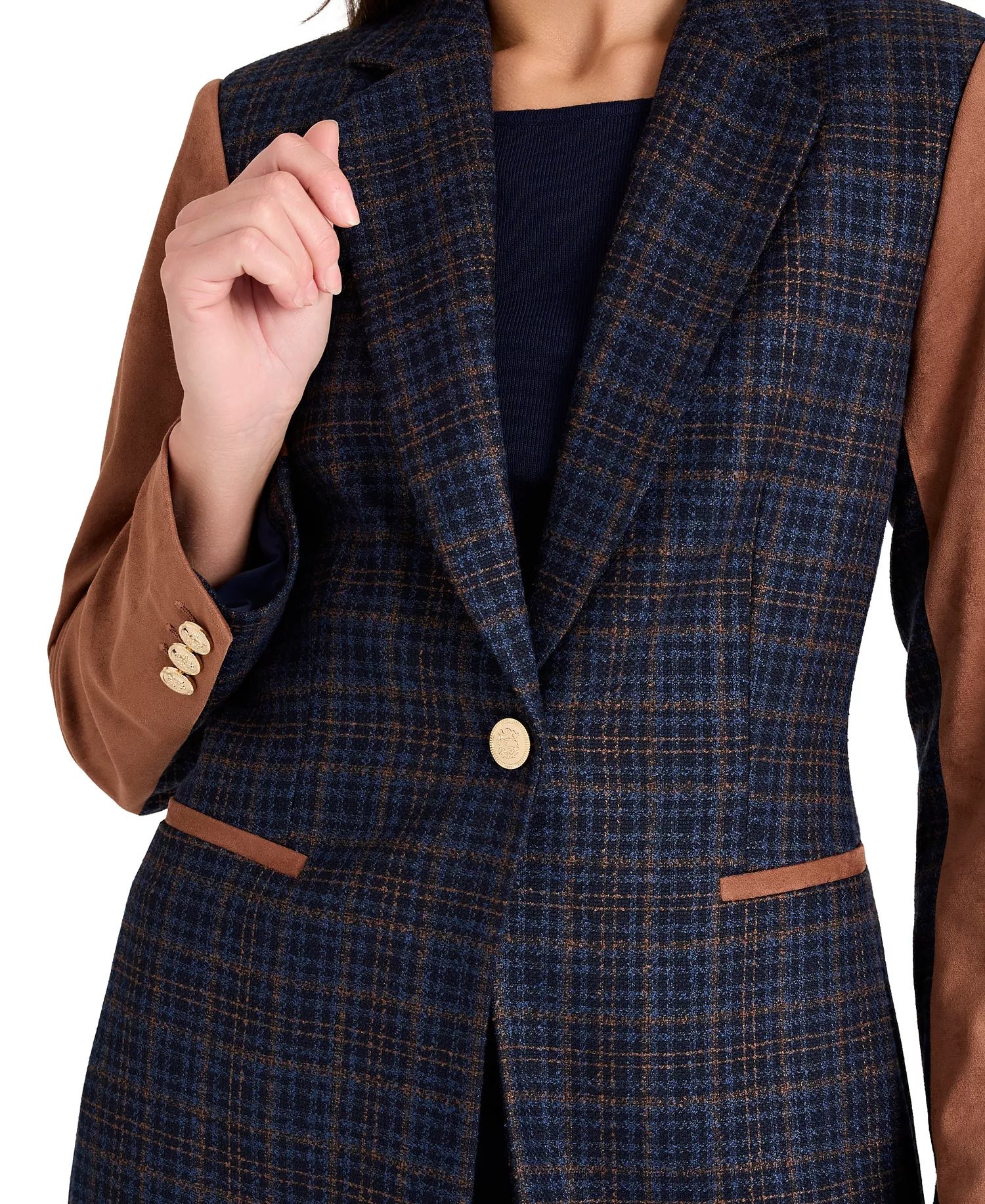 Women's Mixed Media Plaid One-Button Jacket - Navy/tawny - 16