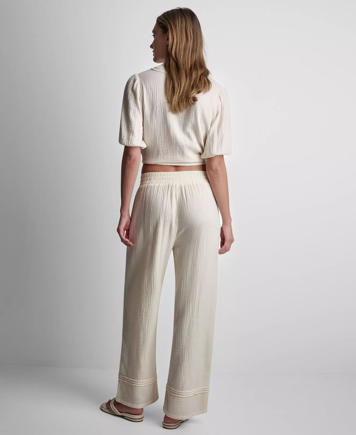 Petite Smocked Encased Elastic Waistband Ankle Length Pants - Eggnog - PL