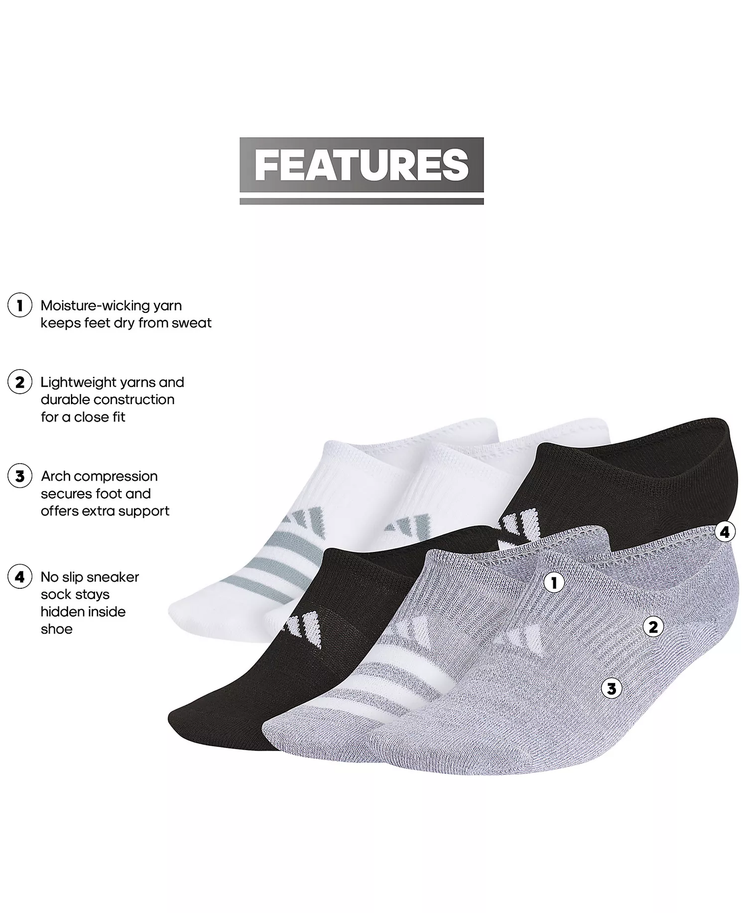 Women's 6-Pk. Superlite 3.0 Super No Show Socks - White/CoolLightHthr/Black - 9-11