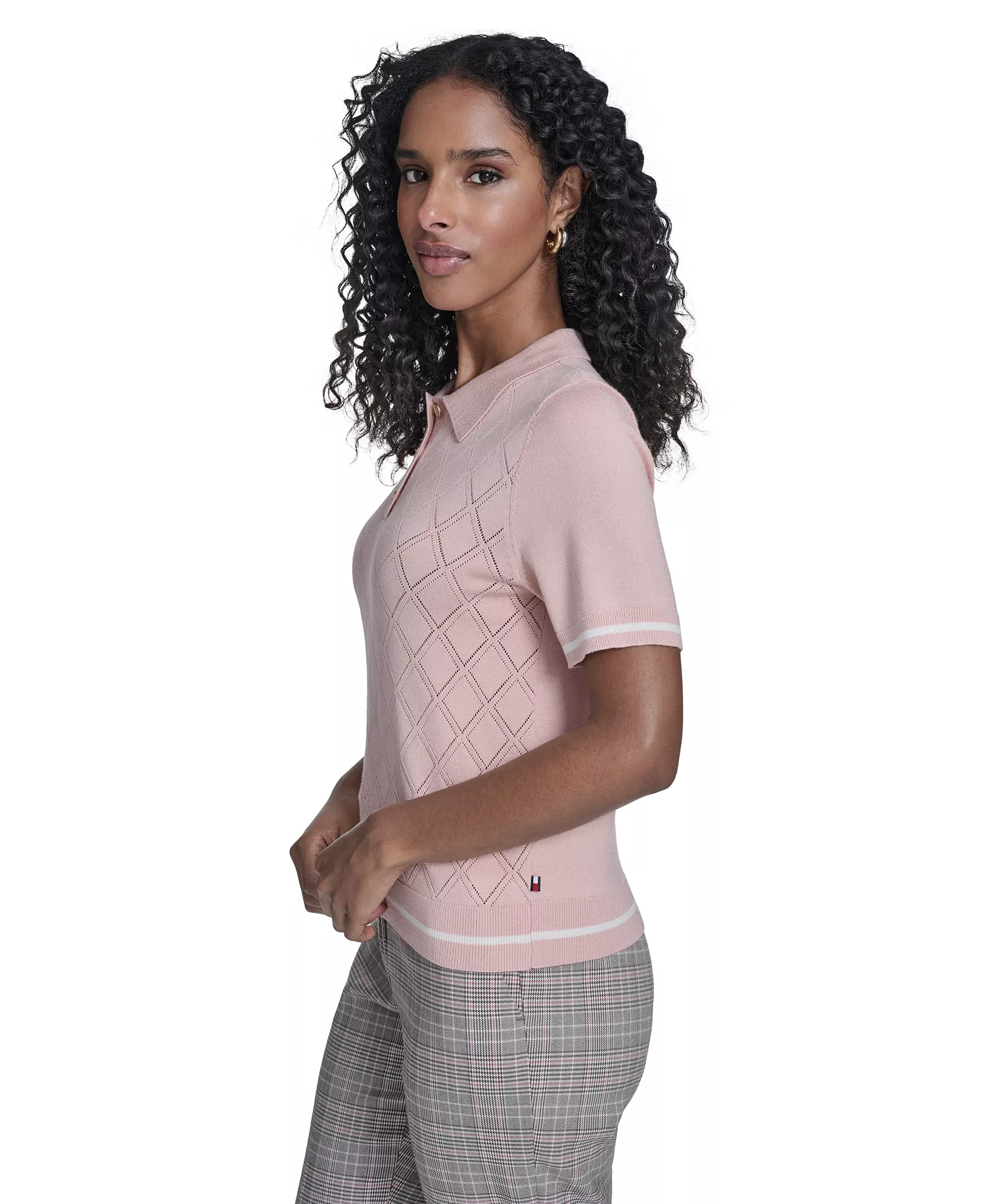 Women's Pointelle Polo Collared Sweater - Evening Sand/ Whitecap - L