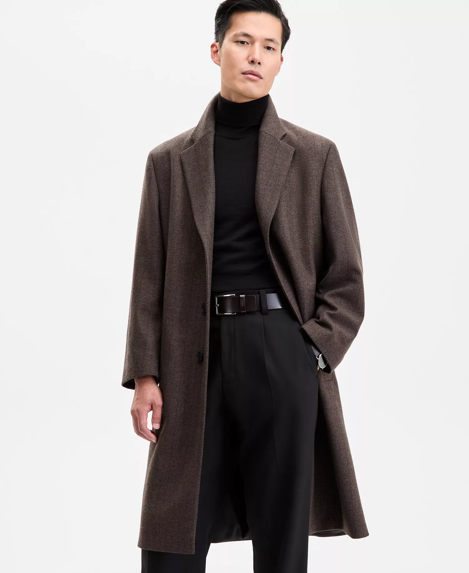 Men's Modern-Fit Herringbone Overcoat - Brown - 2XL