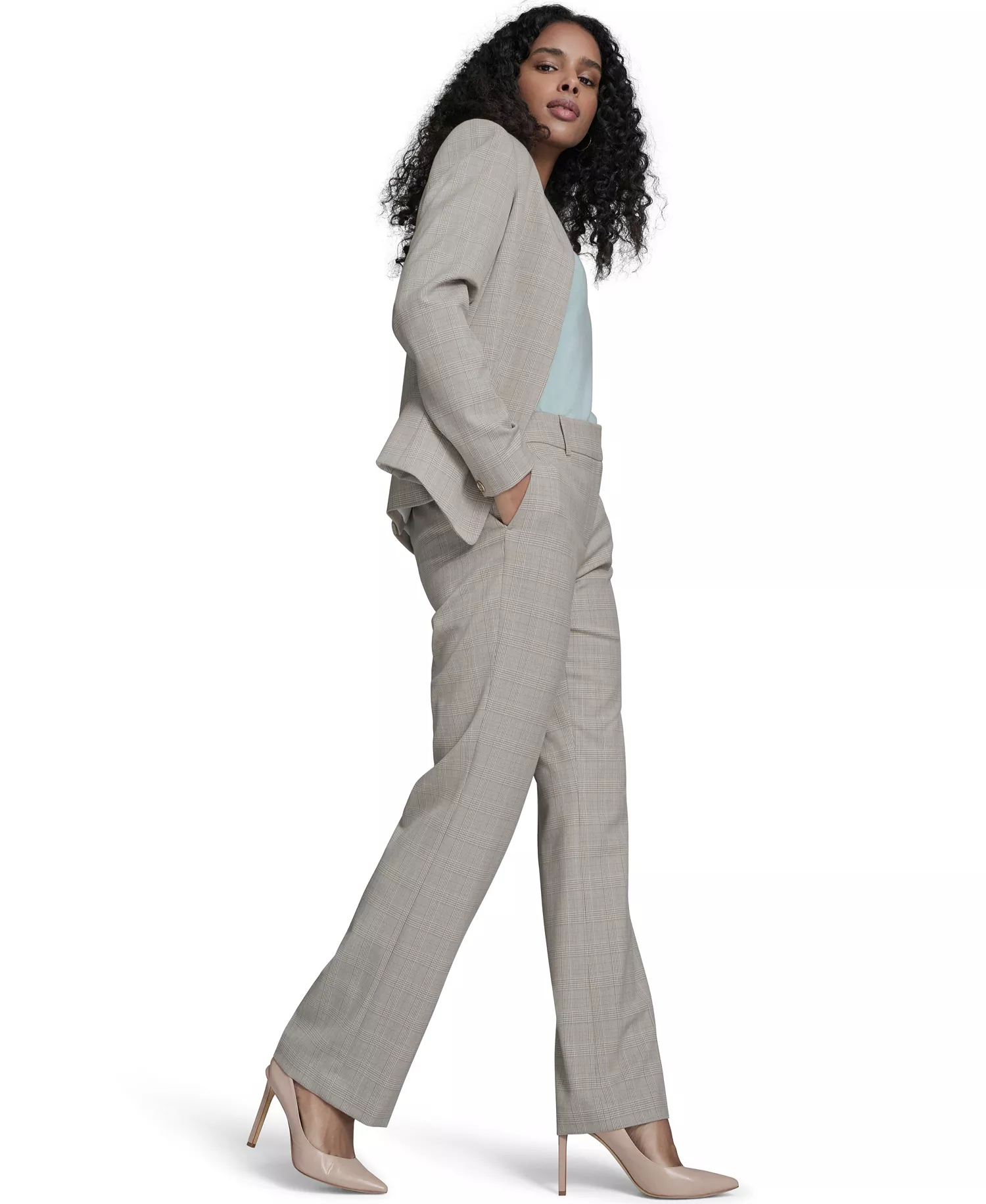 Women's Plaid Open Front Blazer,  Short-Sleeve Tipped Sweater and Plaid Bootcut Trousers - Harbor Gray Multi - 0