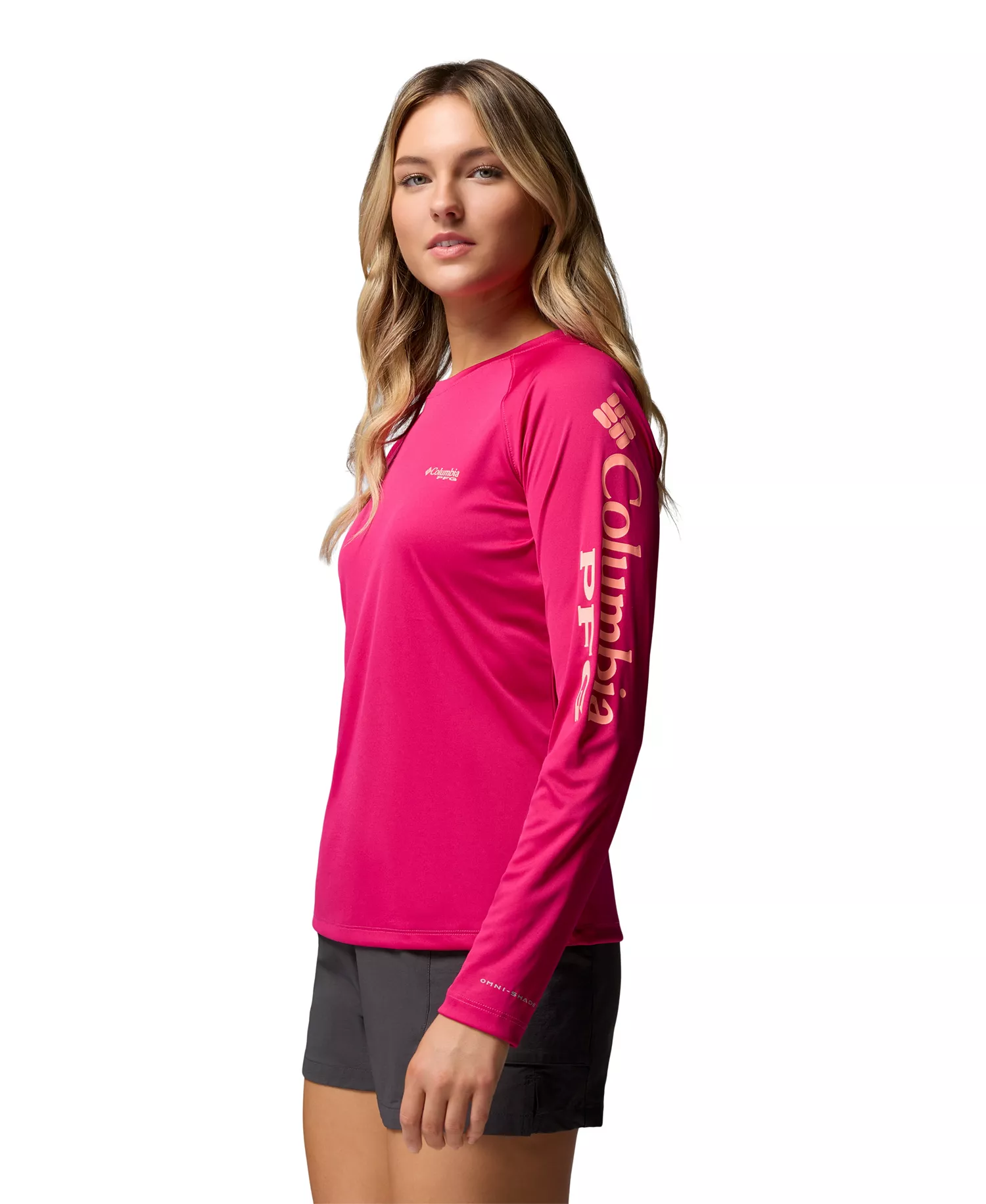 Women's PFG Tidal Tee II - Guava Pink, Tiki Pink Logo - L