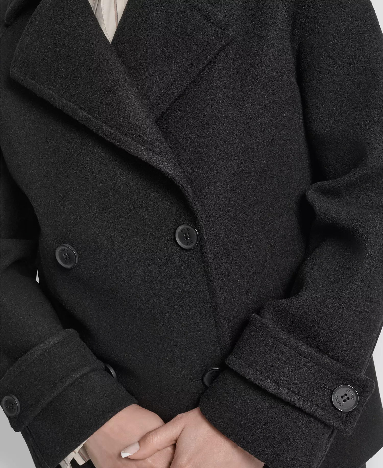 Women's Short Double Breasted Collared Coat - Black - L