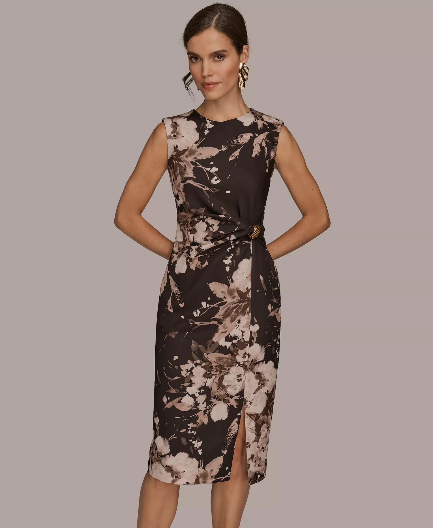 Women's Floral Print Sleeveless Dress - Tan/Beige - 4