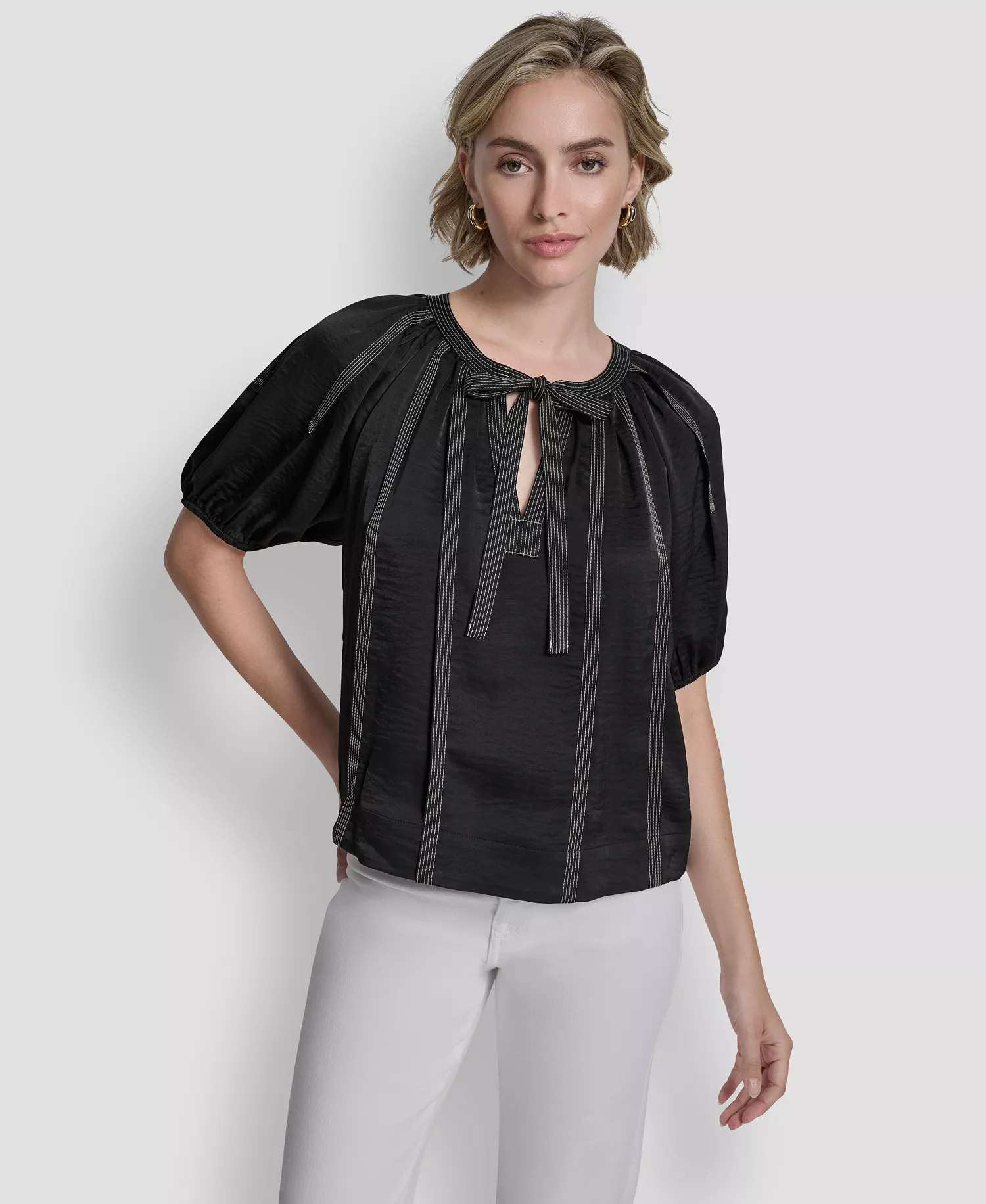 Women's Puff-Sleeve Top Stitch Tie Front Blouse - Black - L