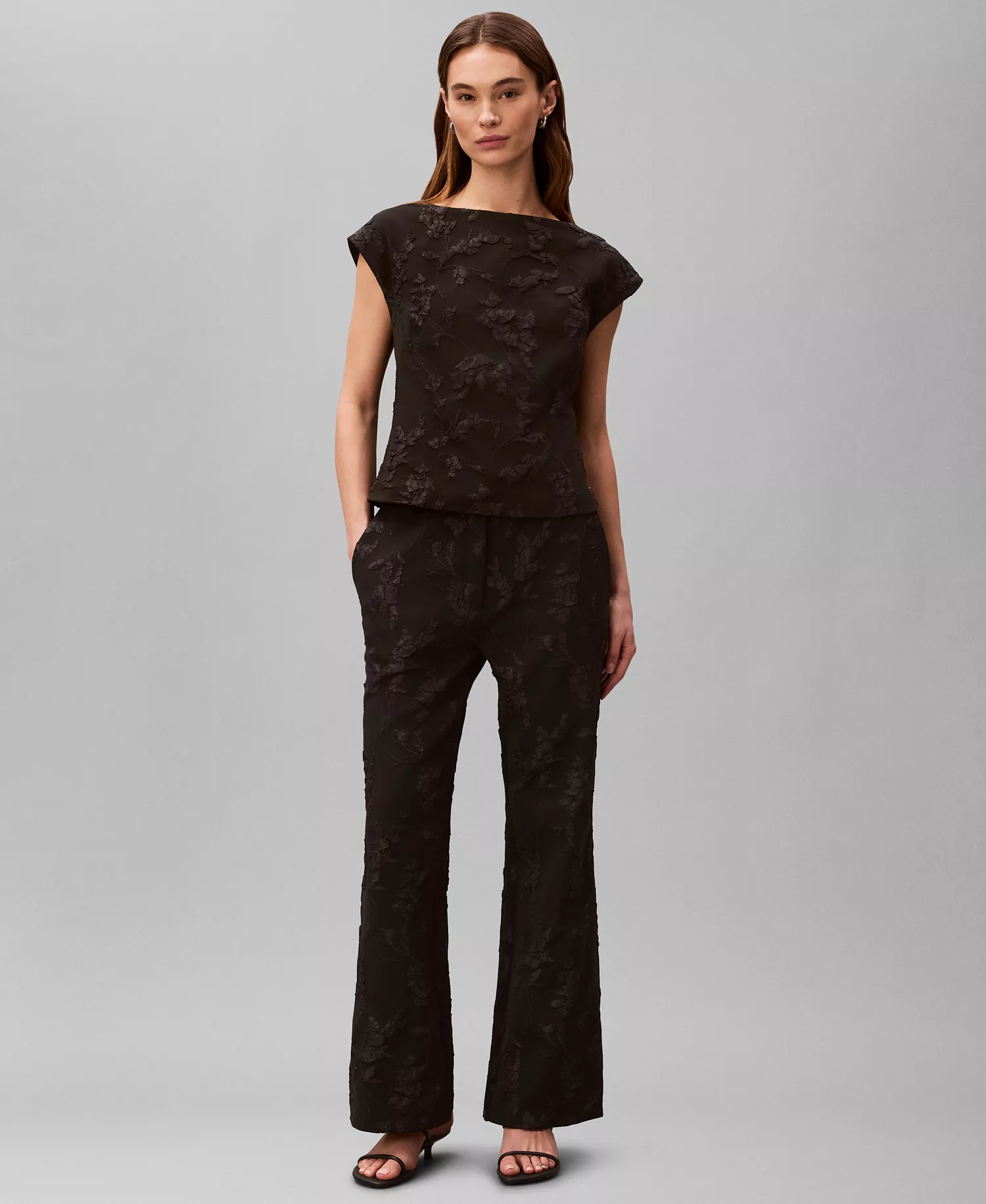 Women's Short-Sleeve Top - Black Floral Cuttings Cloque Jacquard - 10