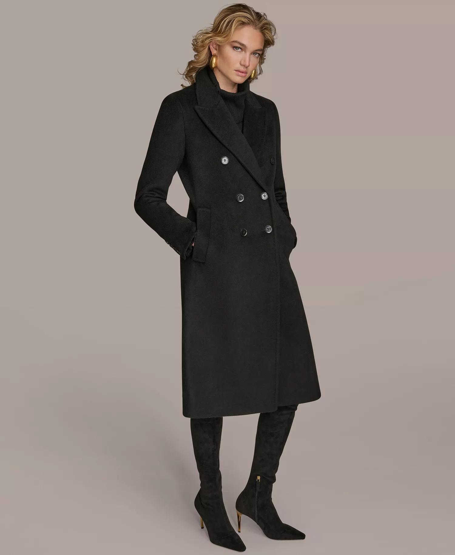 Women's Double-Breasted Reefer Coat - Black - L