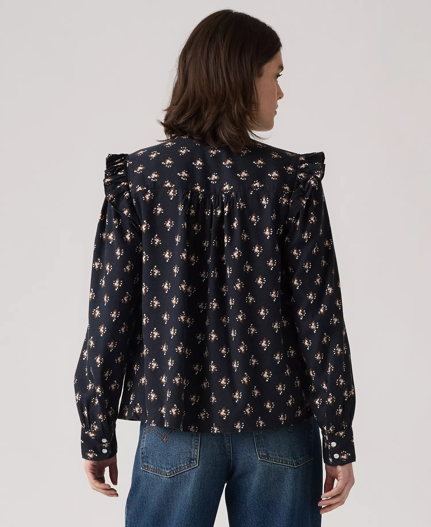 Women's Gianna Long Sleeve Ruffle Trim Blouse - Blue multi - L