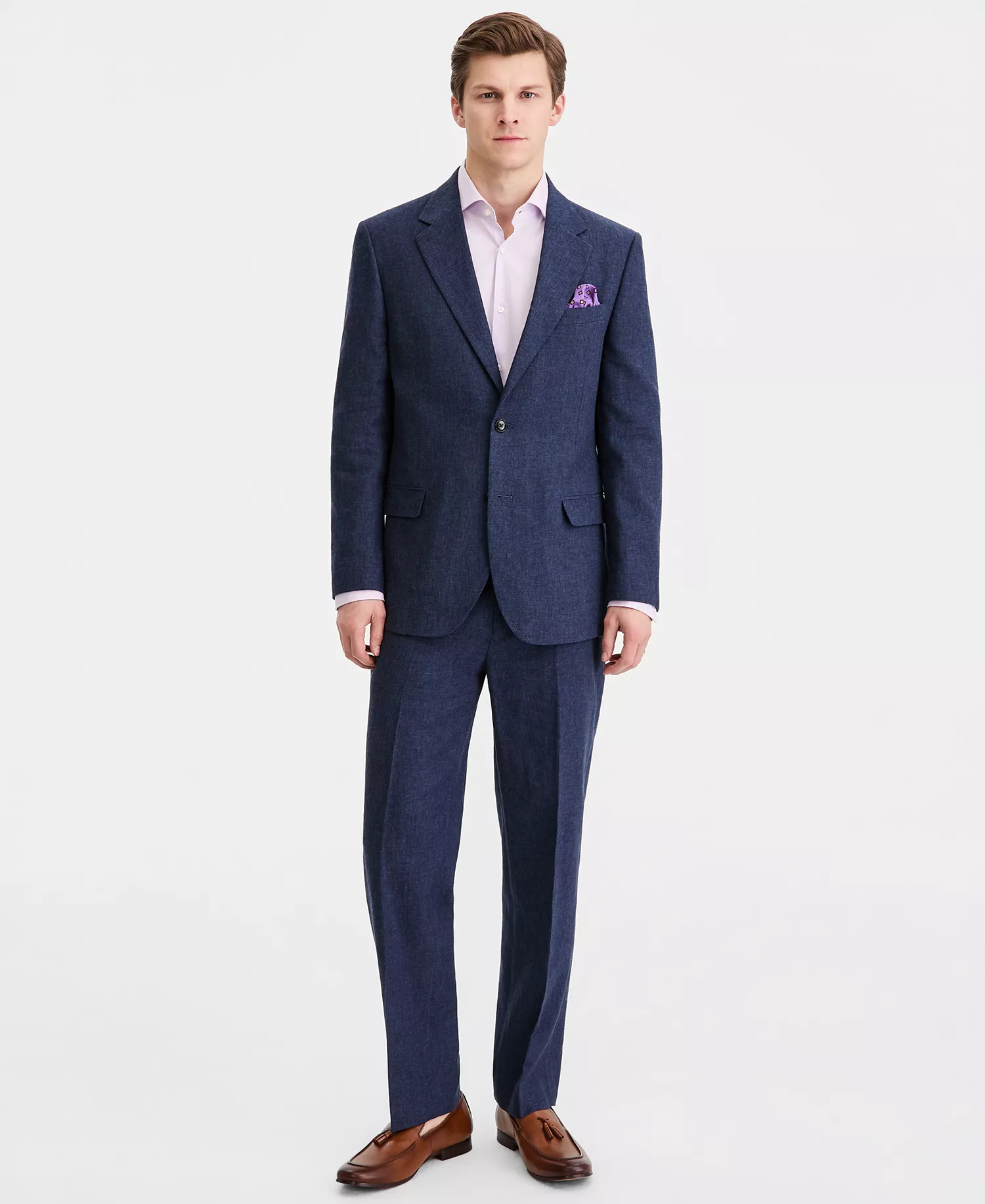 Men's Modern-Fit Cotton & Linen Nested Suit  - Blue Solid - 36R