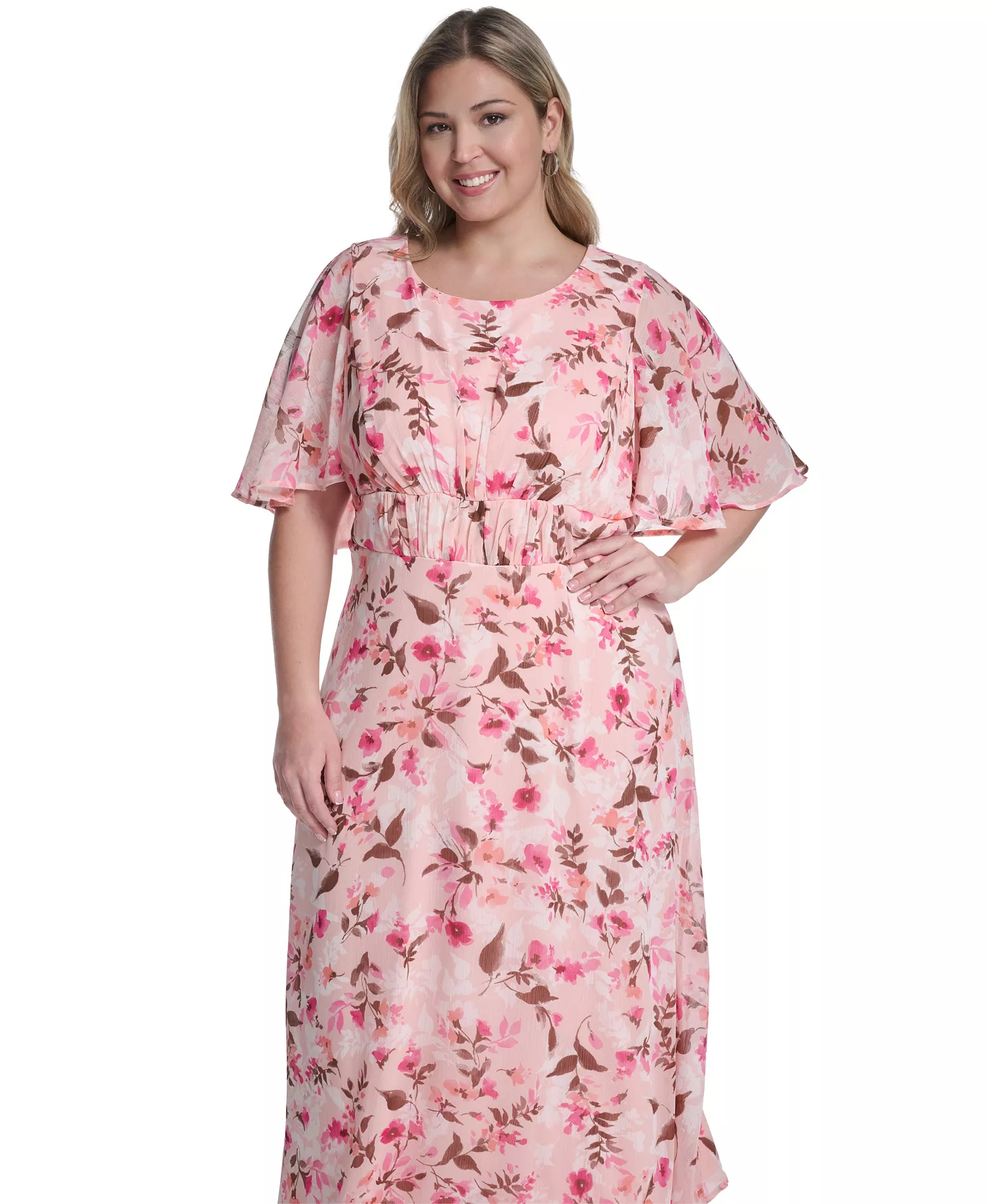 Plus Size Smocked Waist Cape-Sleeve Dress - Blossom Multi - 14W