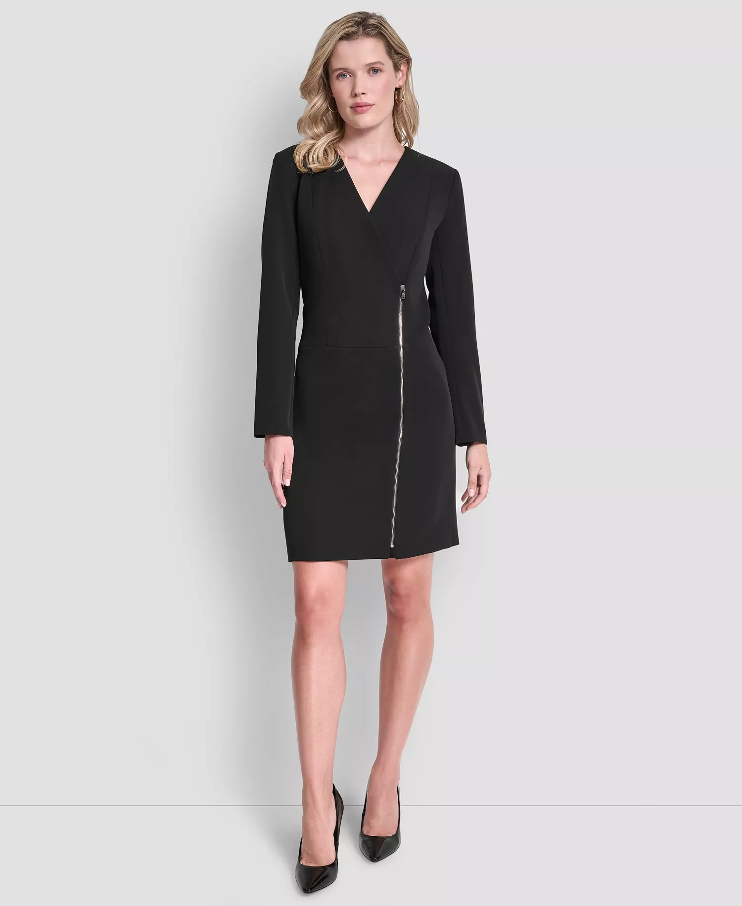 Women's Long-Sleeve Zipper Front A-Line Dress - Black - 0P