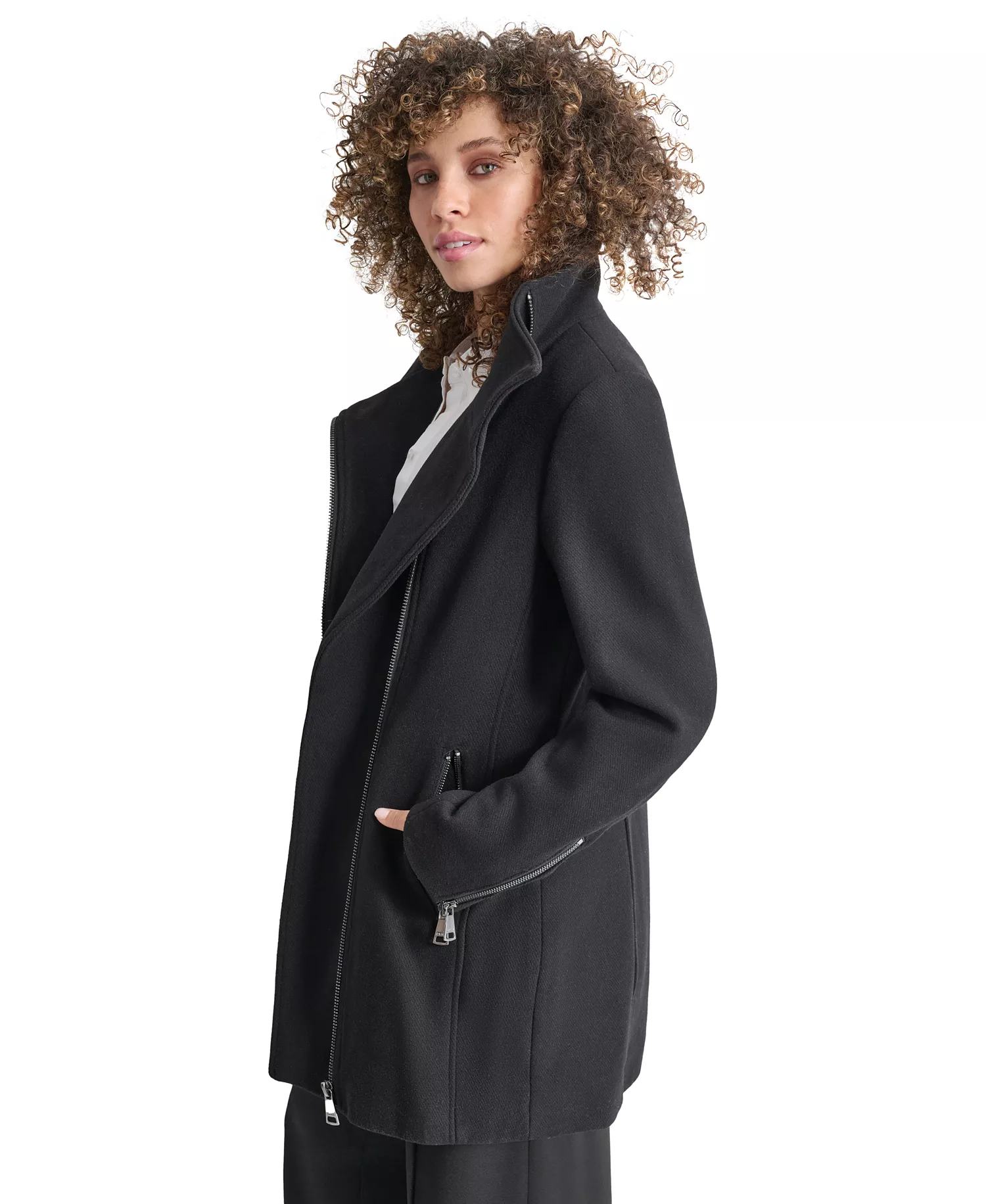 Women's Asymmetrical Zip Coat - Black - L