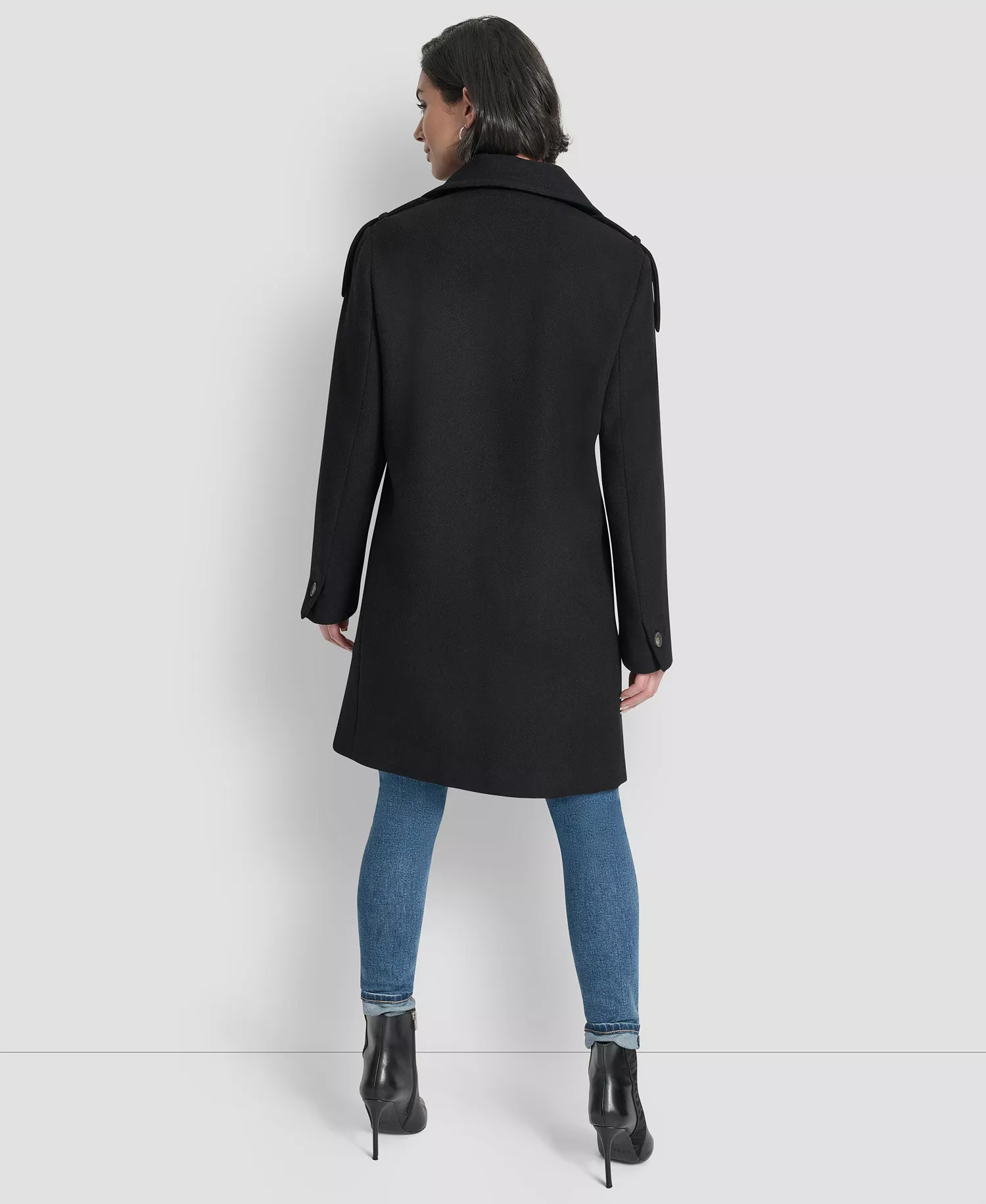 Women's Double-Breasted Funnel Neck Military Coat - Black - L