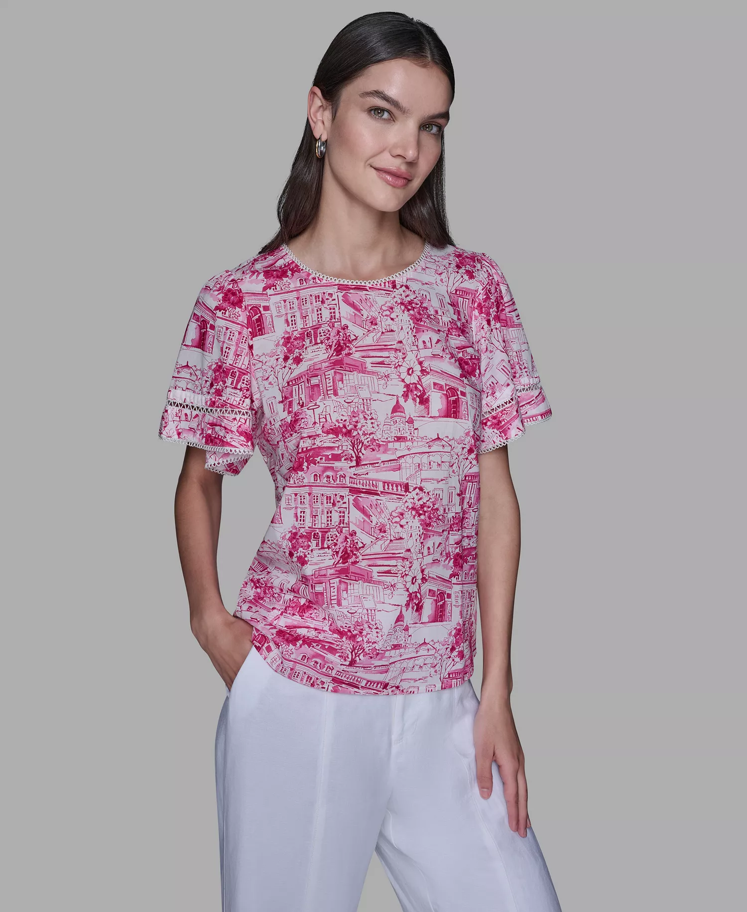 Women's Printed Trim Detail Top - Rouge/Olive Multi - L