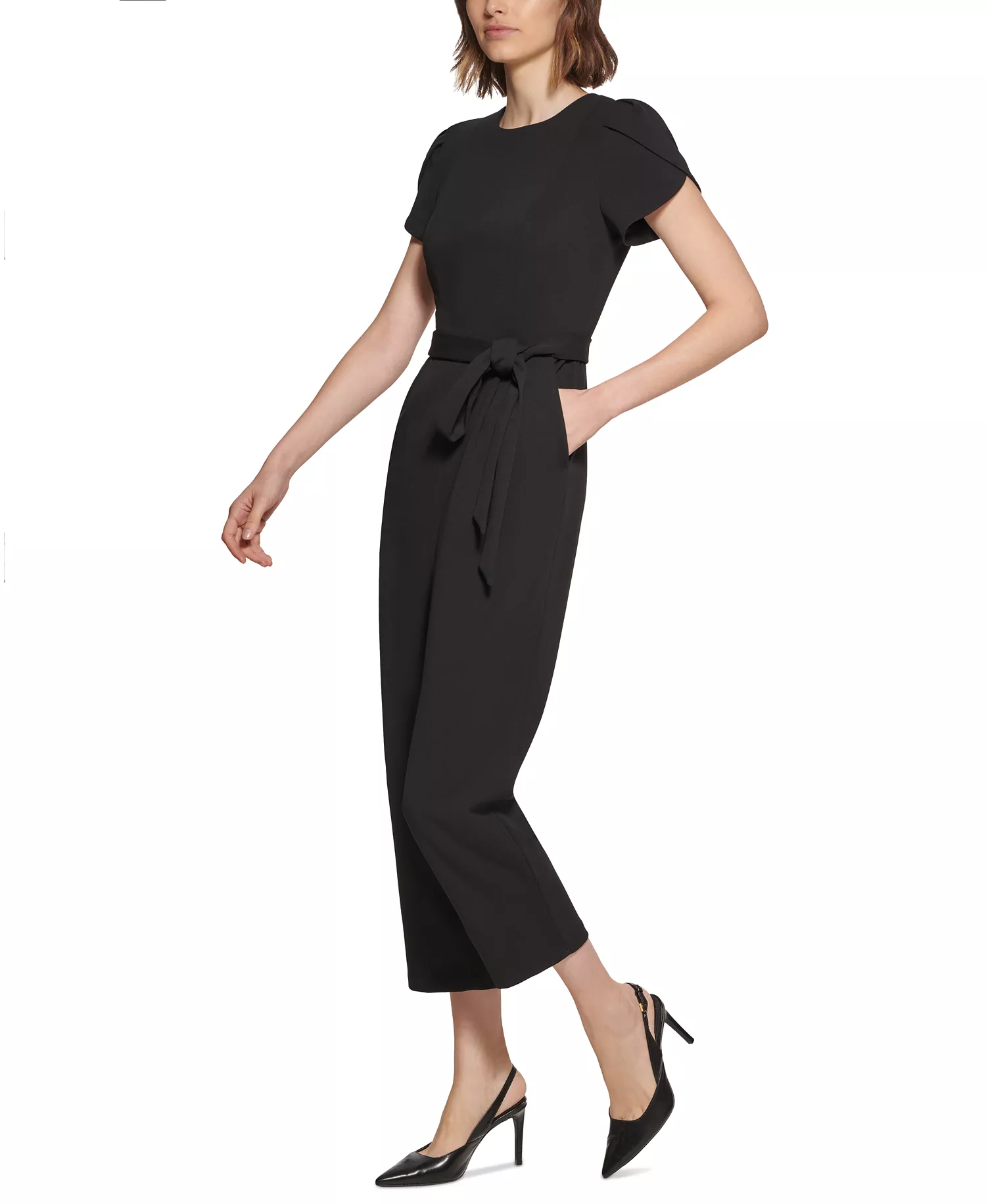 Petite Puff-Sleeve Belted Jumpsuit - Black - 10P