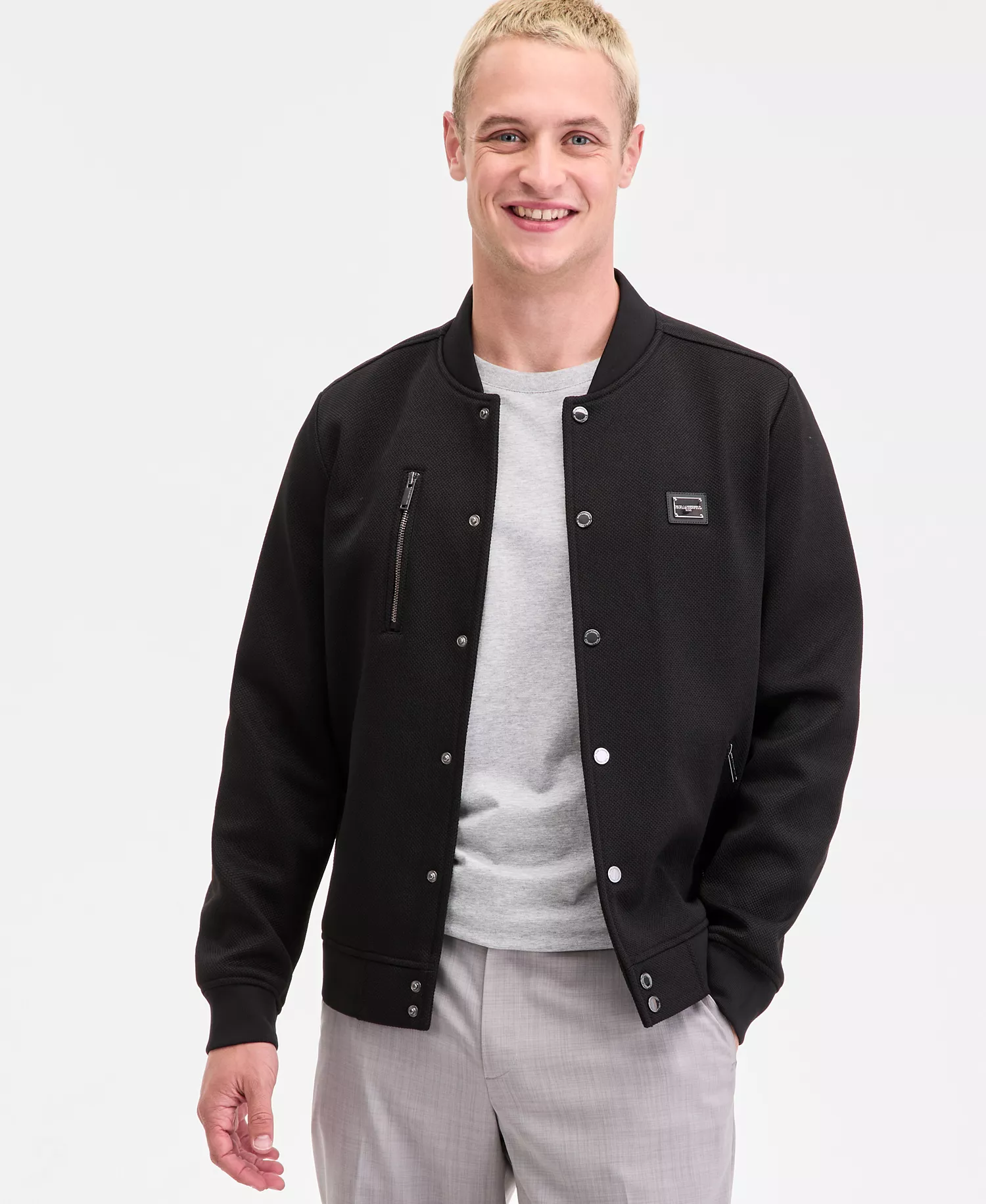 Men's Textured Varsity Zip Bomber Jacket - Black - 2XL