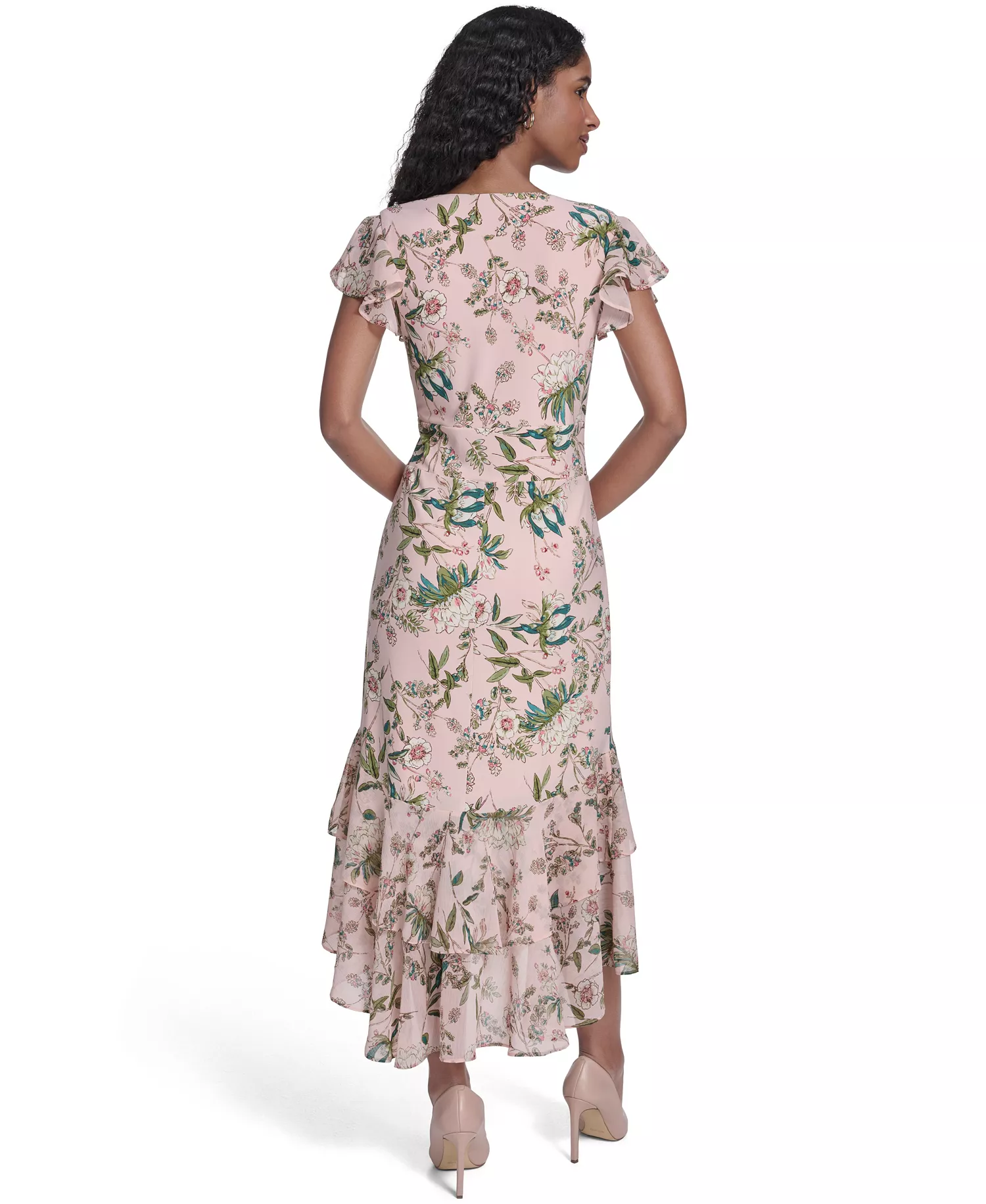 Women's Flutter Sleeve V-Neck Midi Dress - Powder Multi - 10