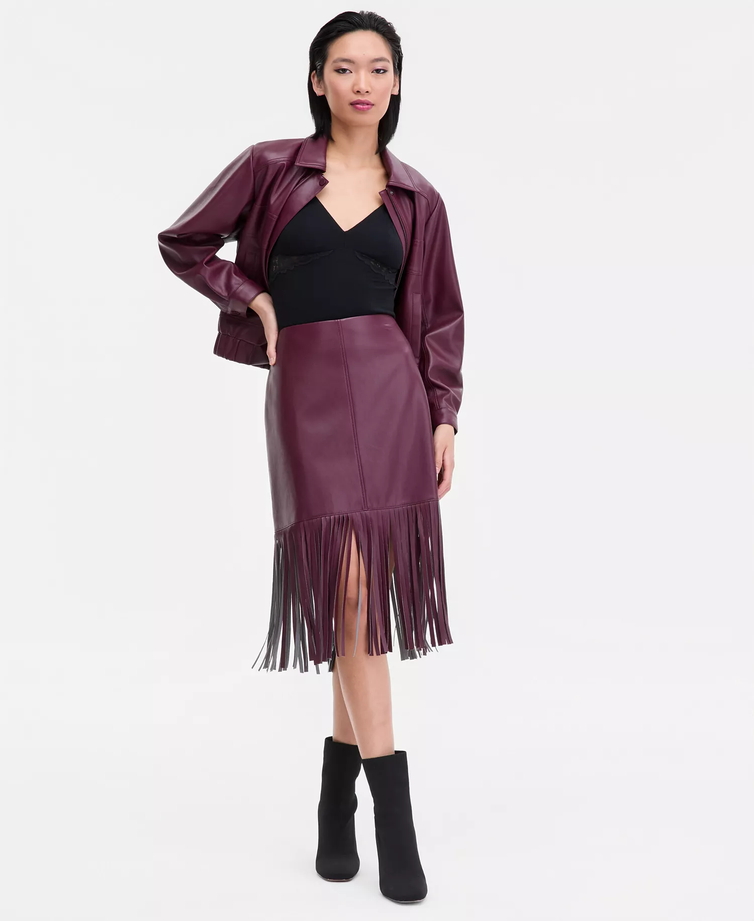Women's Faux-Leather Fringe-Trim Skirt, Macy's Exclusive  - Port Royale - 0