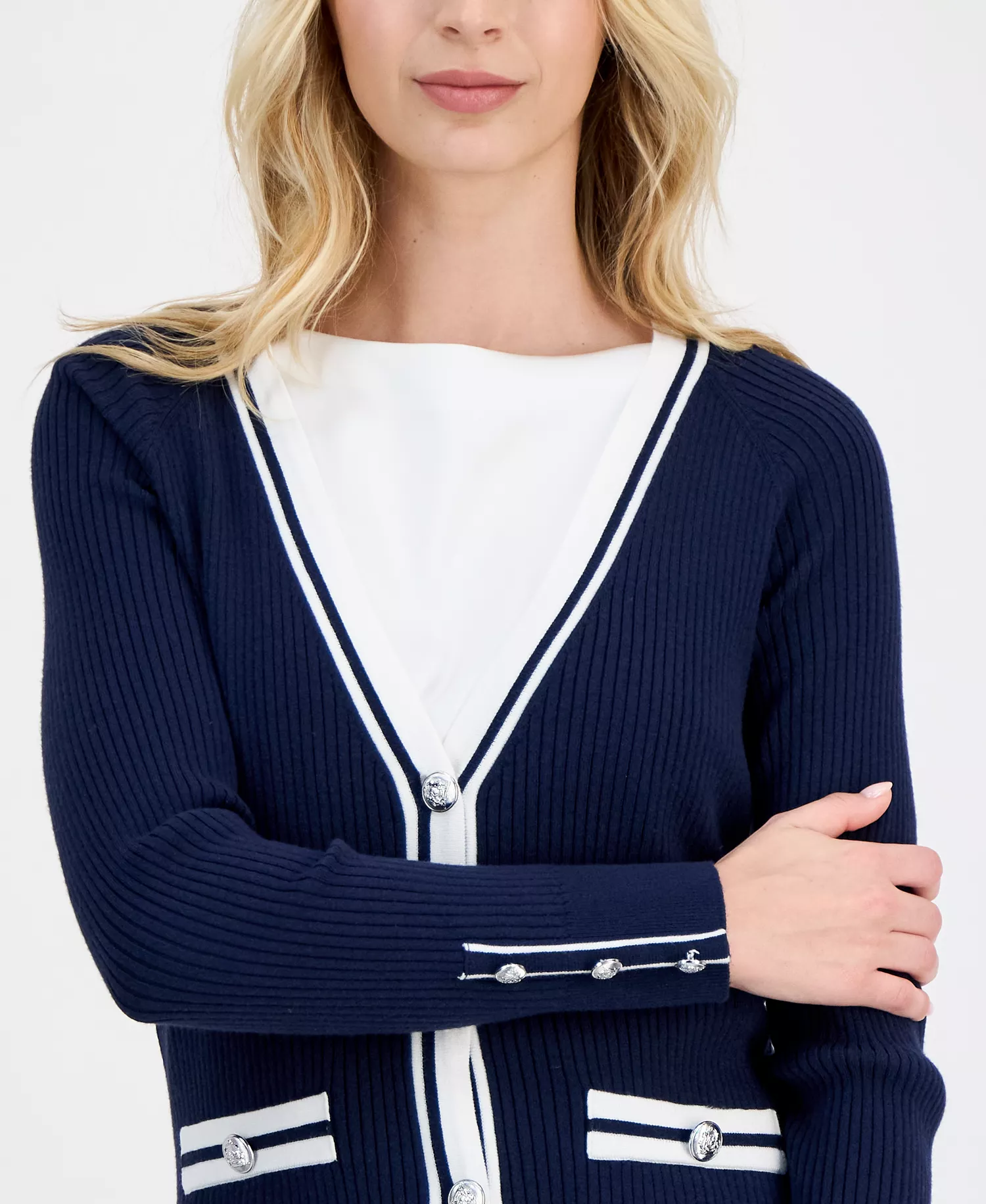 Women's Contrast-Trim Ribbed Knit Button-Front Cardigan - Navy With White - L