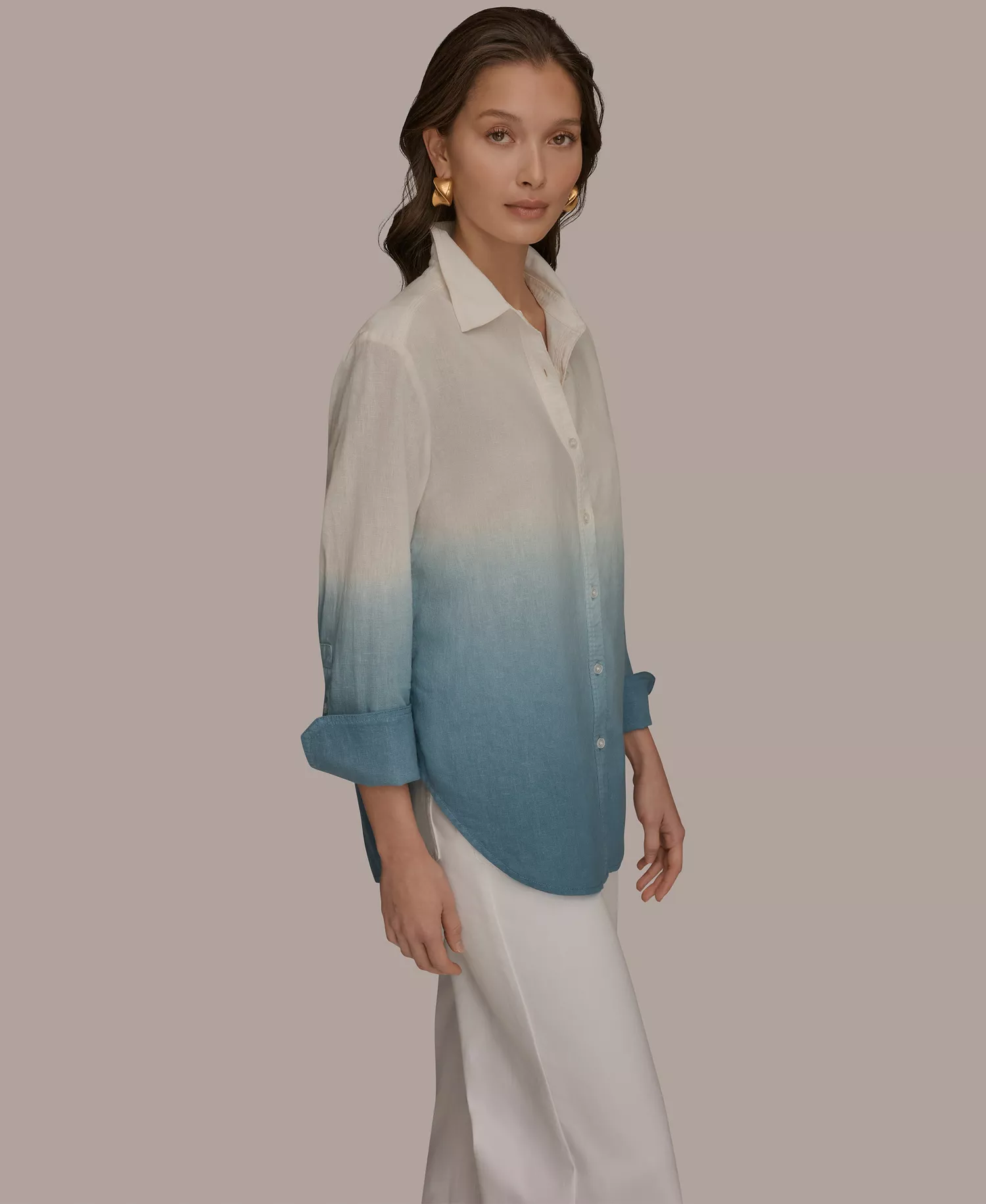 Women's Linen Dip Dye Long Sleeve Button Front Shirt - Washed Indigo Dip Dye - L