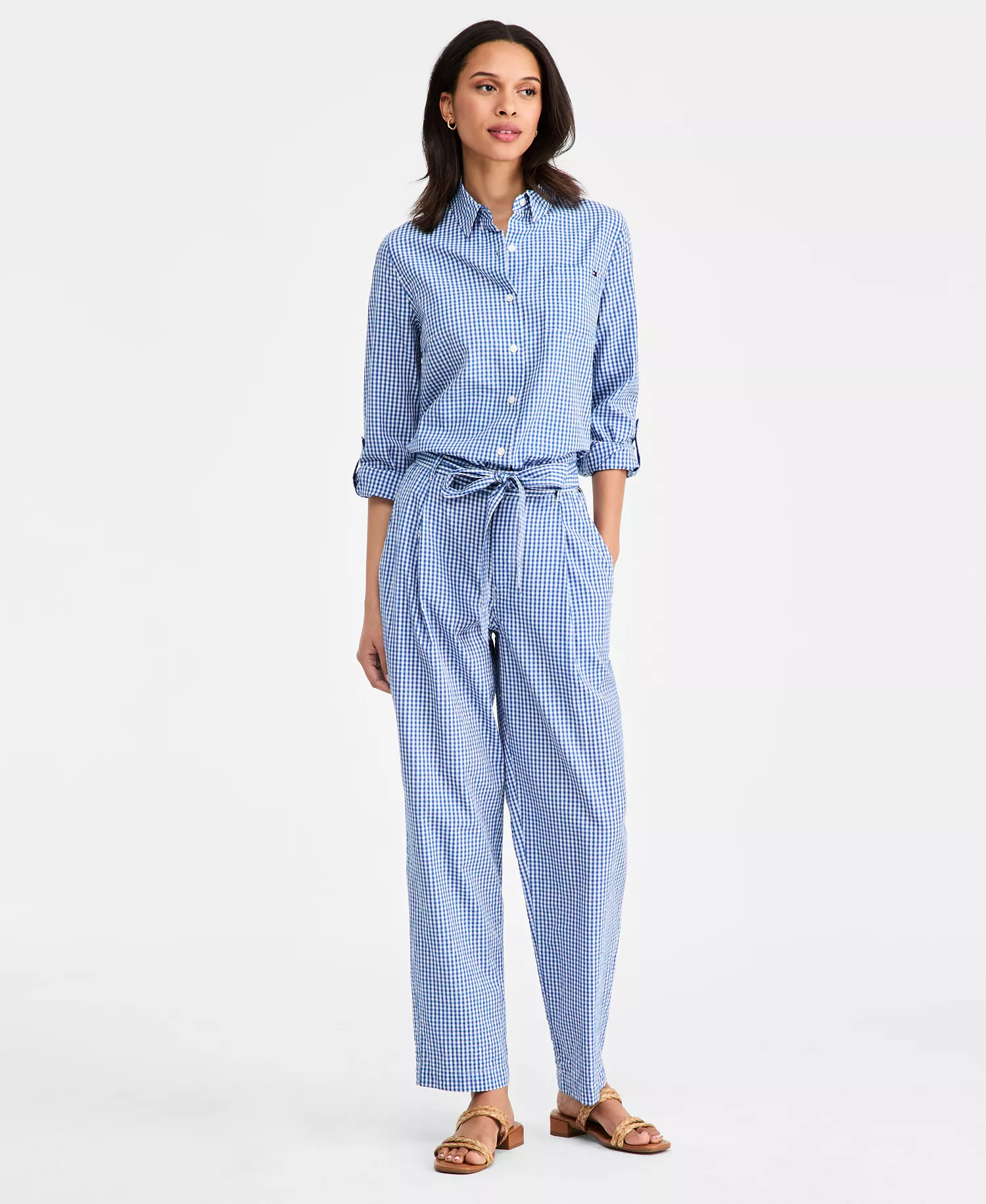 Women's Gingham Belted Tapered Pants - Blue Orbit - L