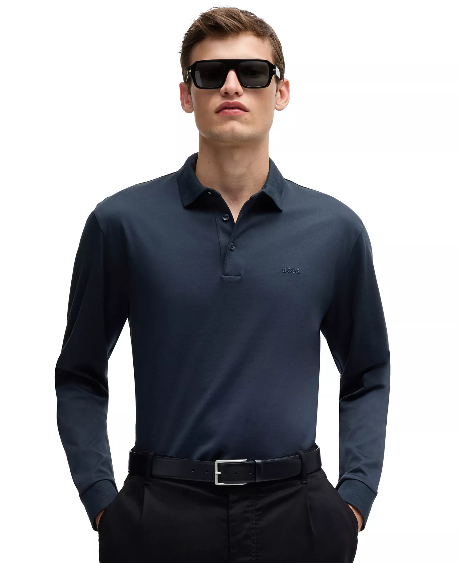 Men's Embroidered Logo Long Sleeve Polo - Dark Blue - L