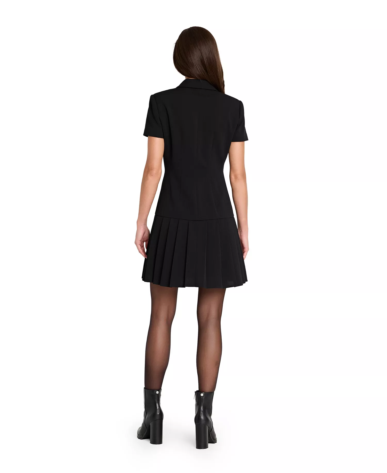Women's Double Breasted Pleat Hem Short-Sleeve Coat Dress - Black - 10