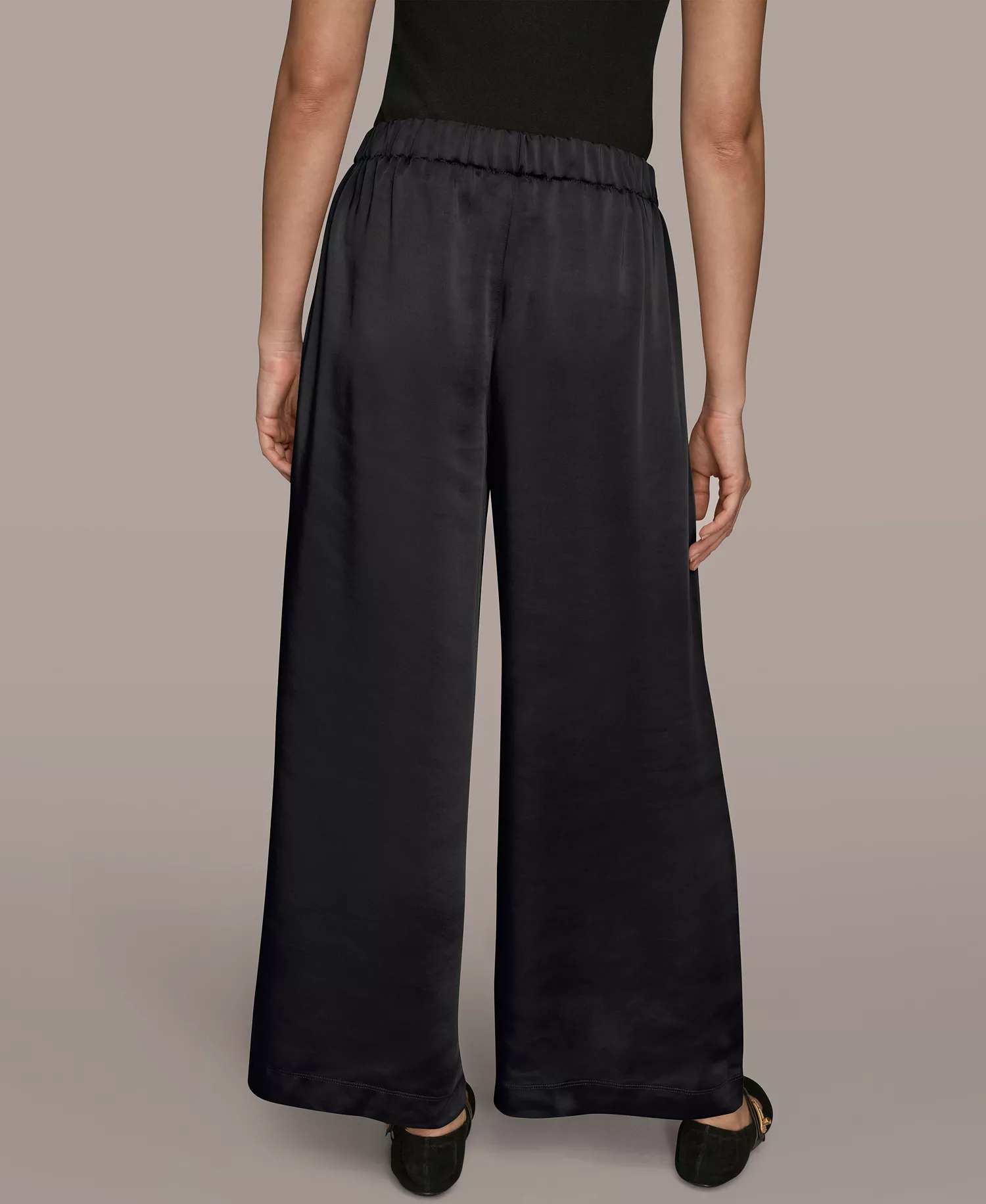 Women's Pull-On Satin Mid Rise Wide Leg Pants - Black - L