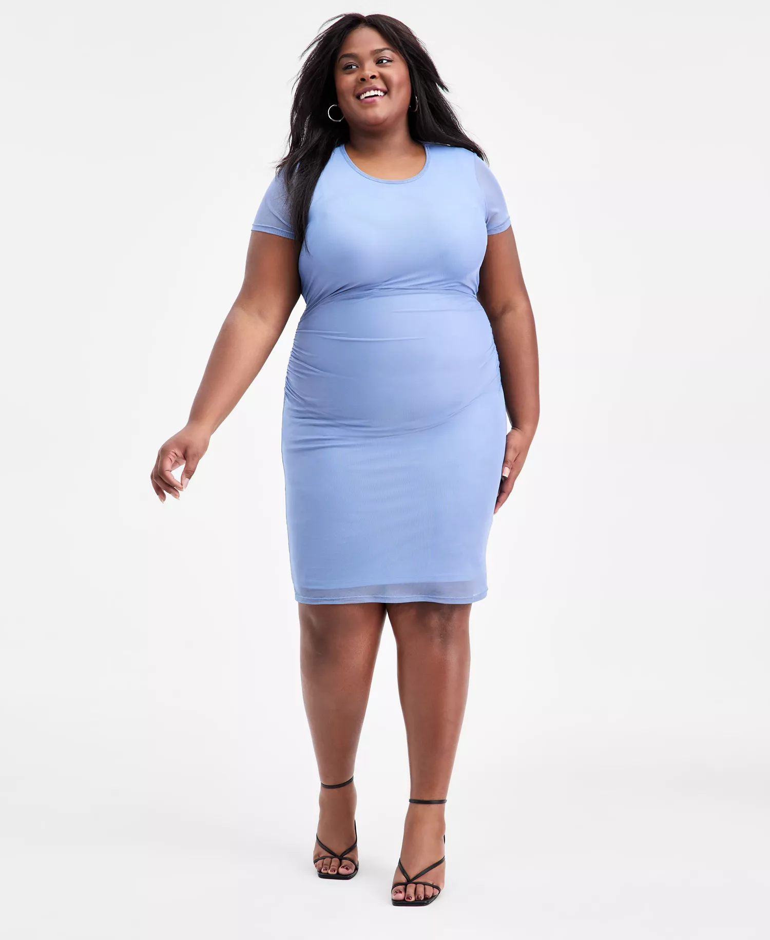 Trendy Plus Size Ruched Mesh Short-Sleeve Dress, Macy's Exclusive - Chambray - 0X