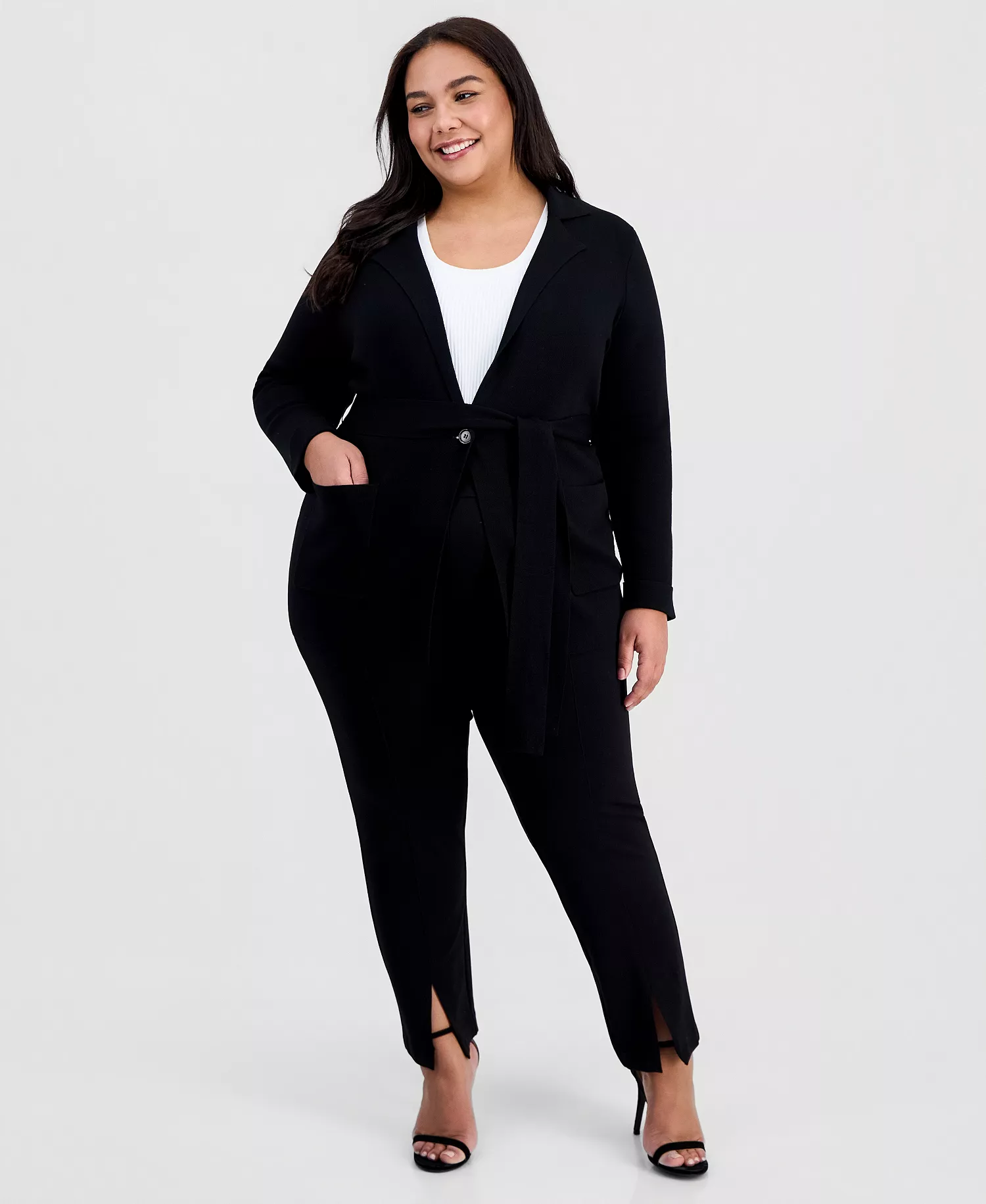 Plus Size Tie-Waist Cardigan - Black - 1X