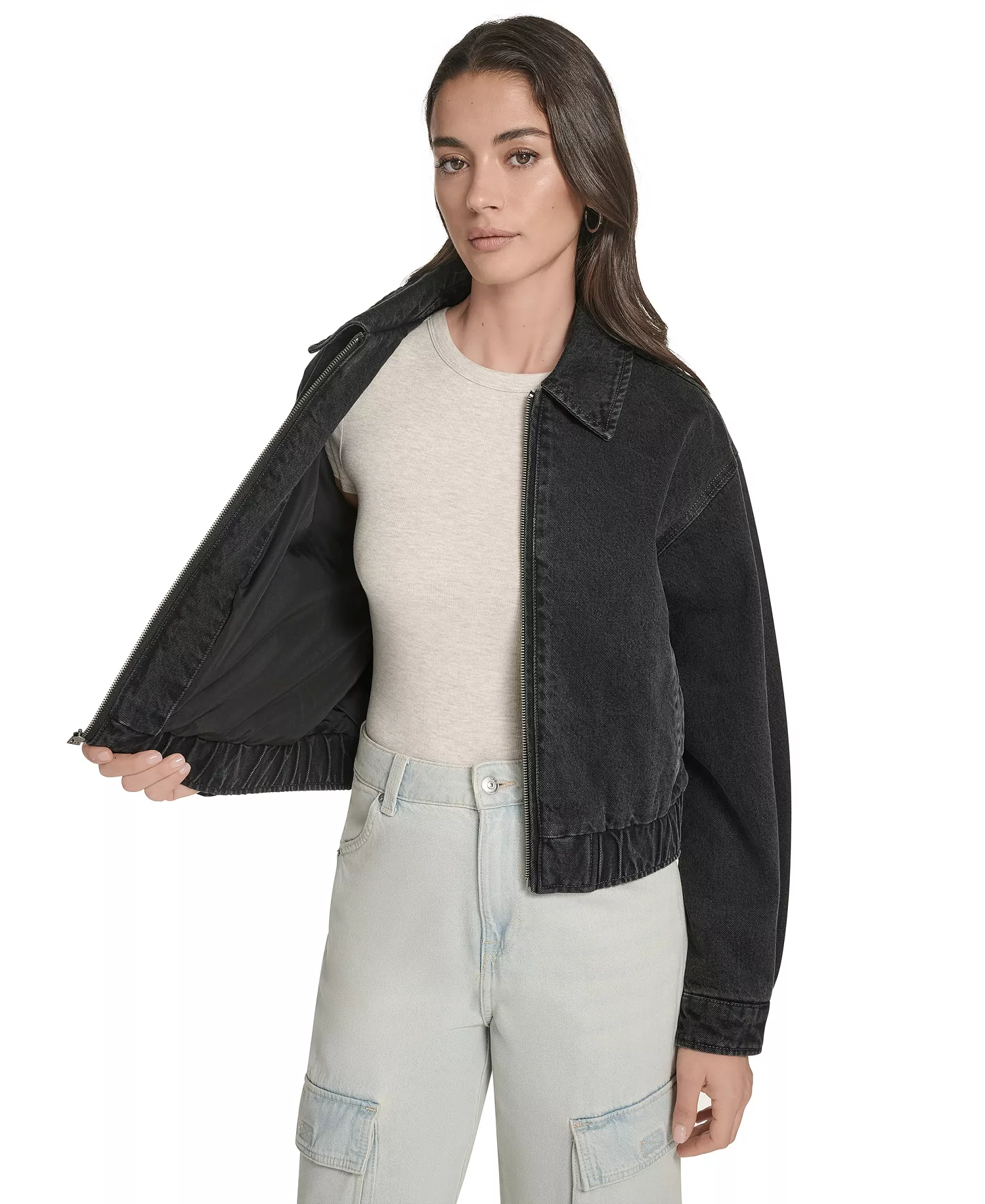 Women's Laydown Collar Denim Bomber Jacket - Black Denim - L