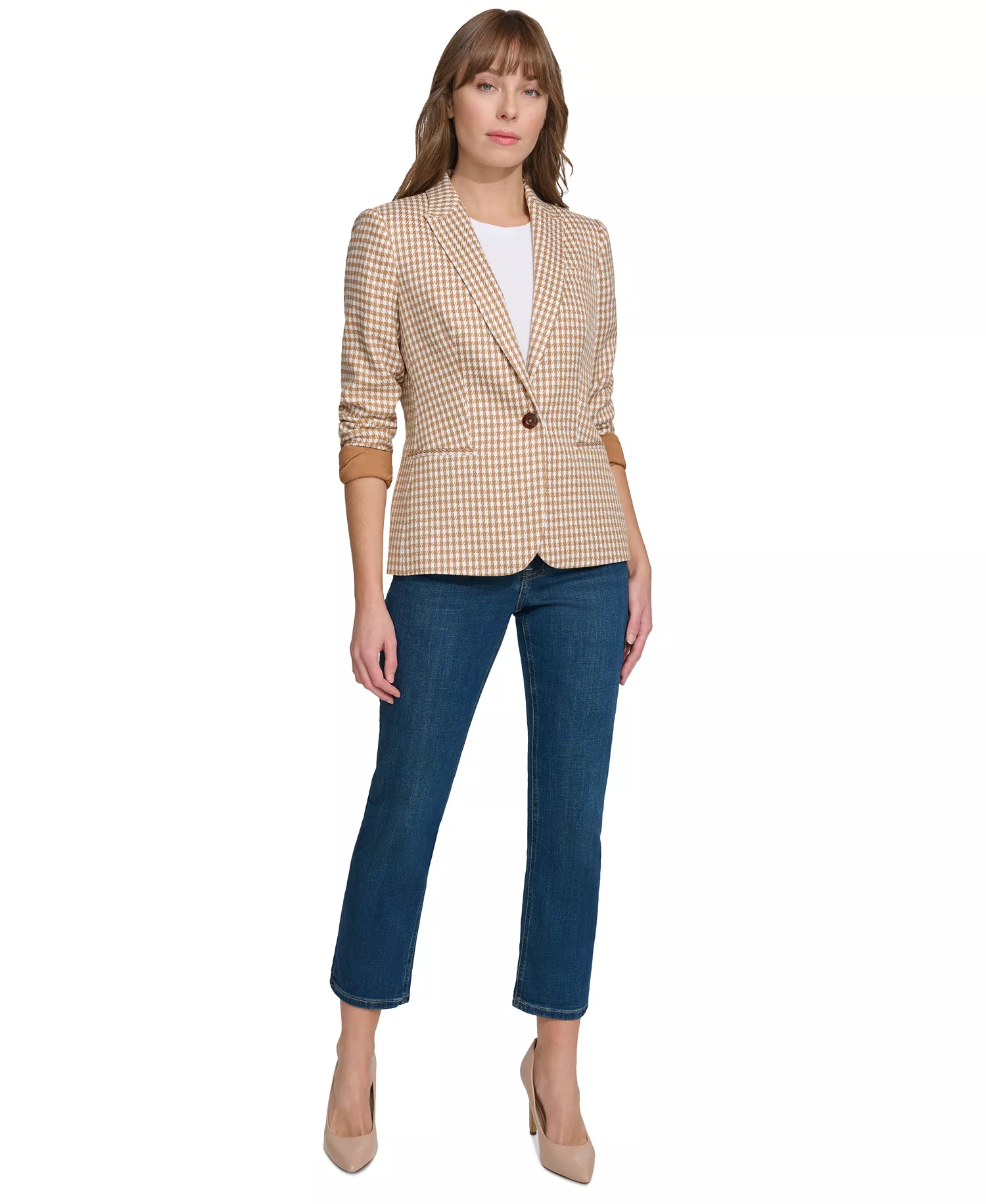 Women's Check-Print Long-Sleeve Blazer  - Tobacco/iv - 12