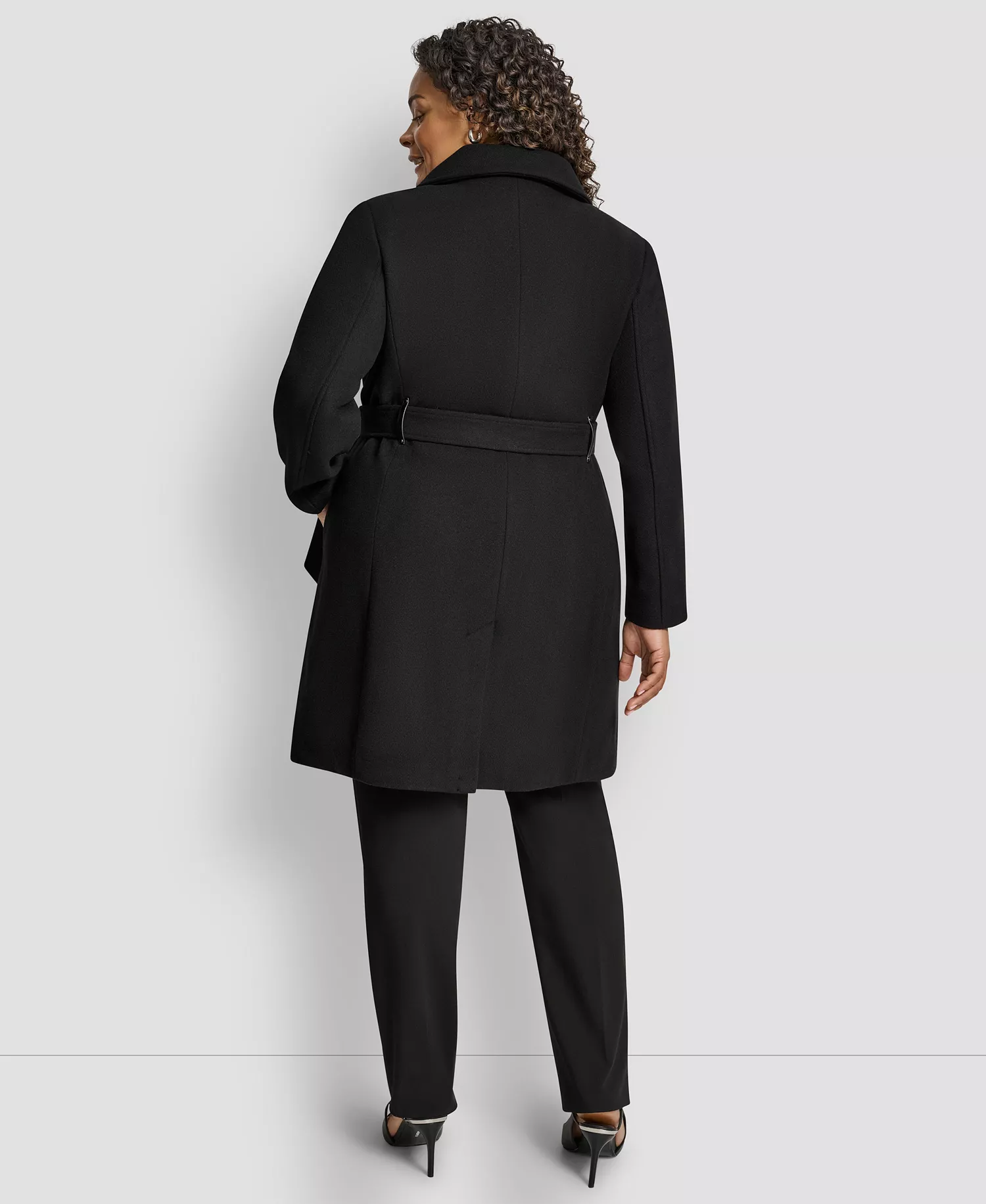 Plus Size Belted Zip-Up Wool Coat - Black - 0X