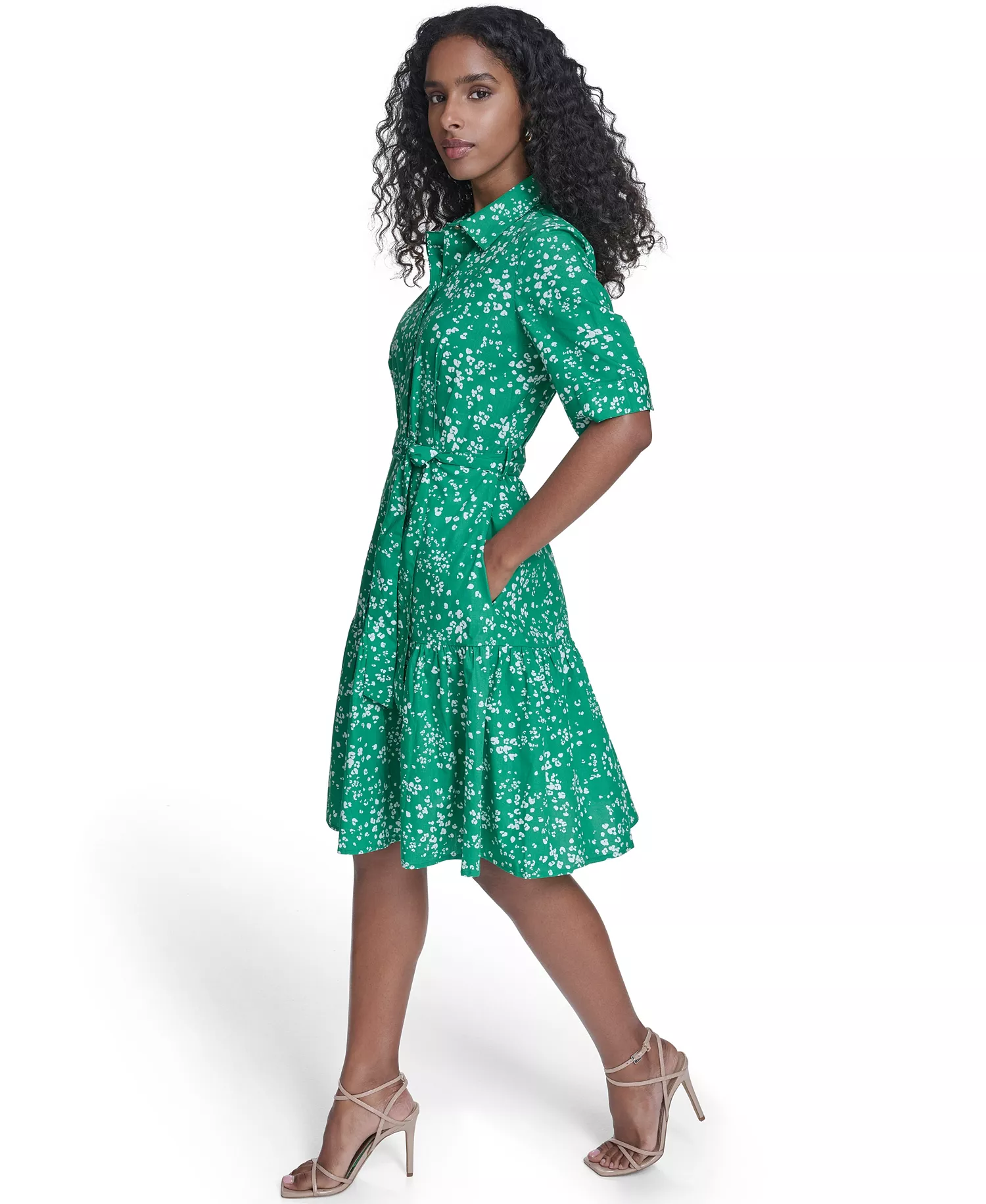 Women's Short-Sleeve Tiered Shirt Dress - Fern Cream - 10