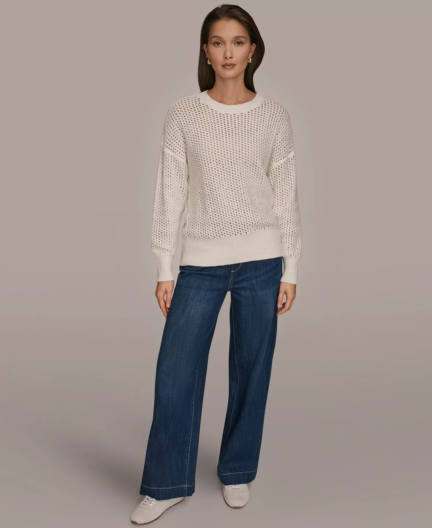 Women's Bracelet Sleeve Open Stitch Cotton Blend Crewneck Sweater - Cream - L