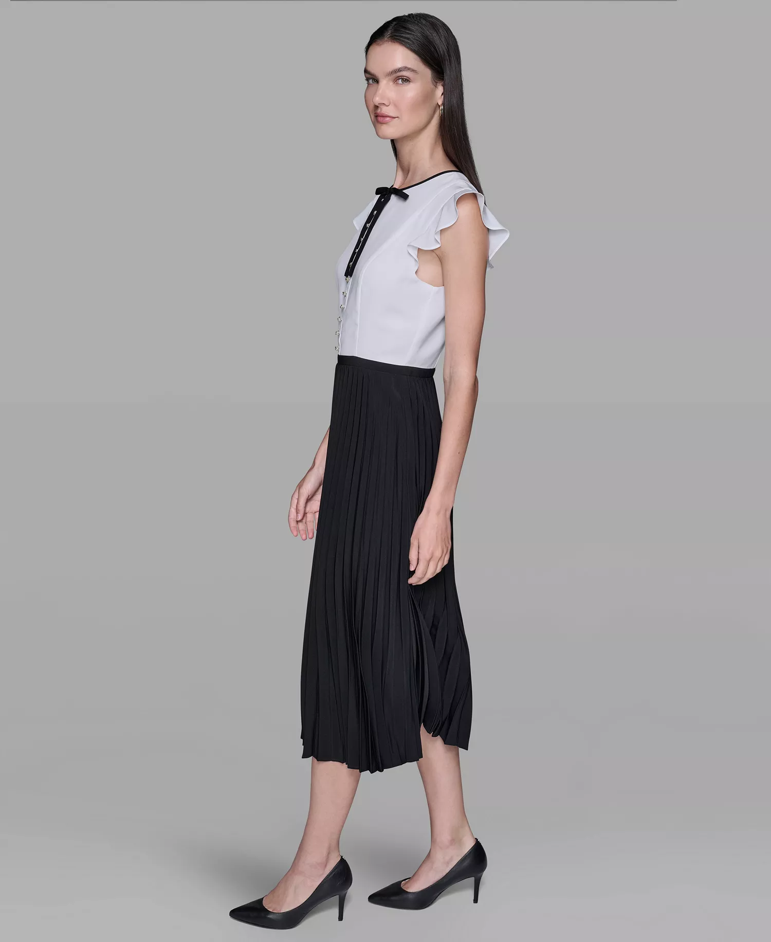 Women's Silky Crepe Midi Dress with Pleated Skirt - Soft White/ Black - 10