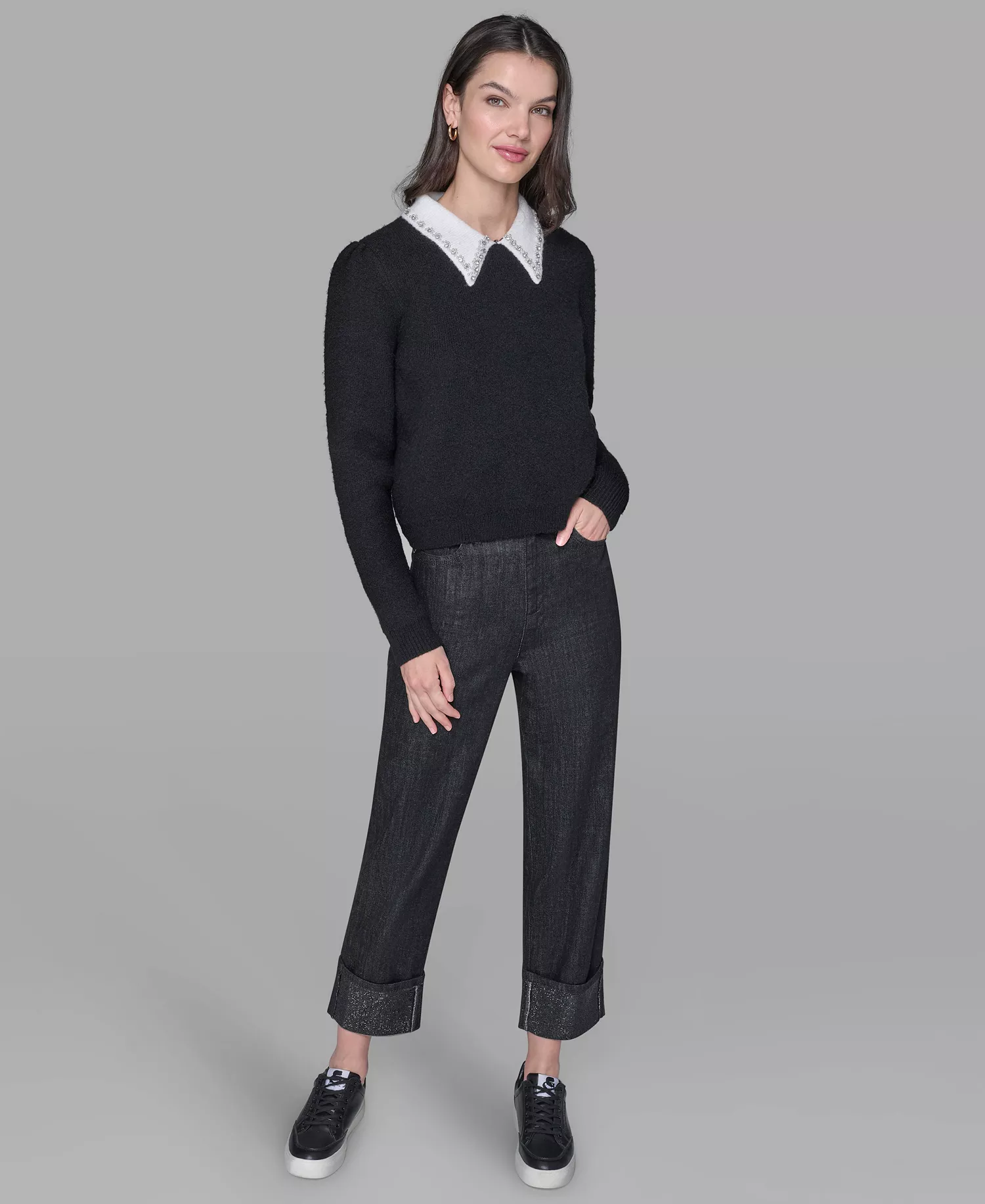 Women's Contrast Collar Sweater - Black/soft White - L